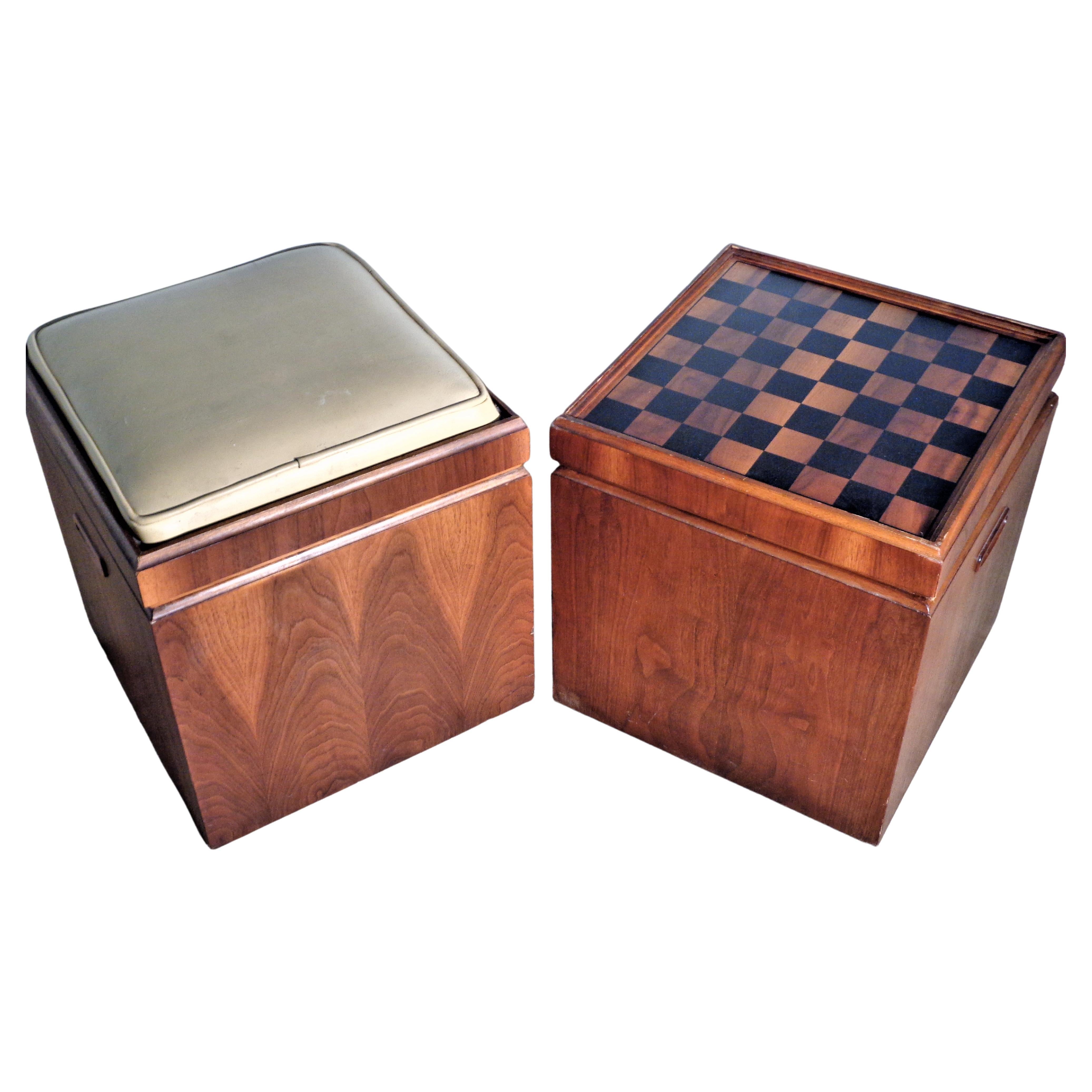 American Walnut Cube Ottomans Flip Top Upholstery Seat to Game Board by Lane, 1960