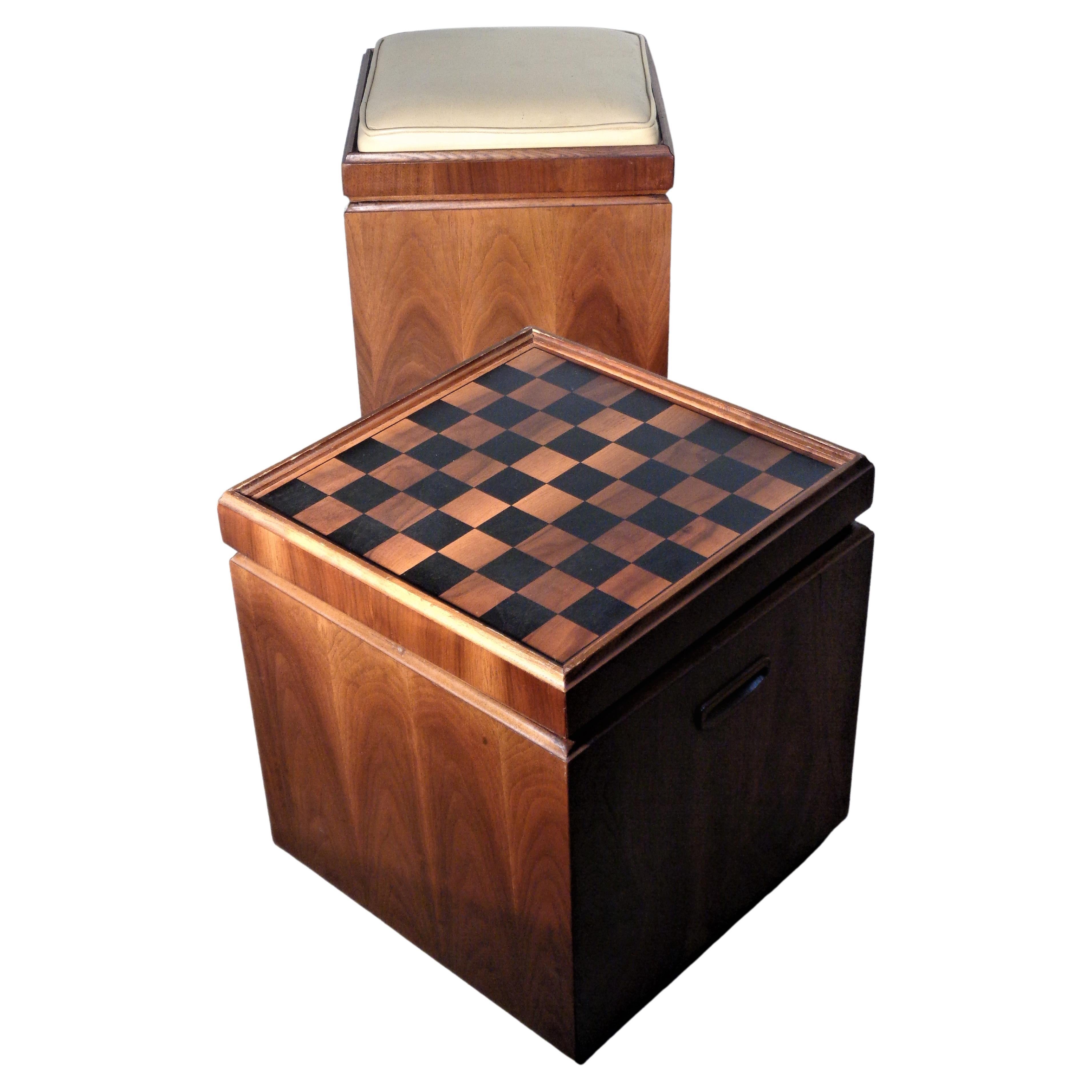 Stained Walnut Cube Ottomans Flip Top Upholstery Seat to Game Board by Lane, 1960