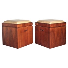 Walnut Cube Ottomans w/ Flip Top Upholstery Seat to Game Board - Lane Furn. 1960