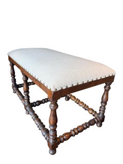 Walnut Upholstered Turned Leg Bench, Italy, 19th Century