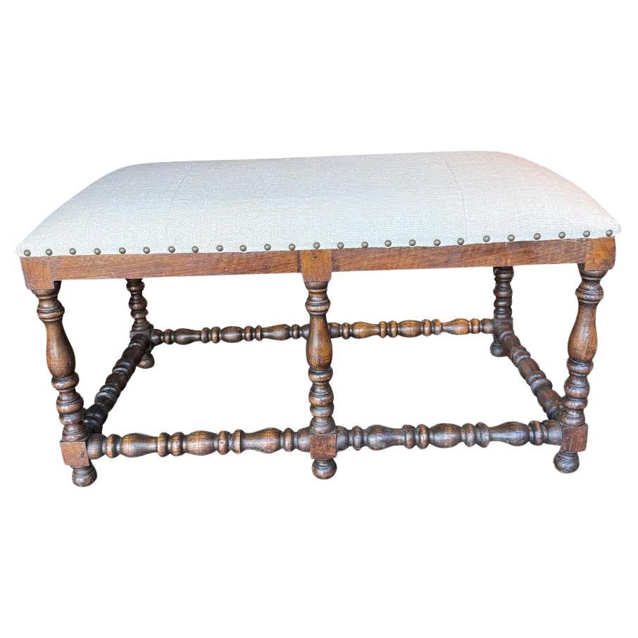 Walnut Upholstered Turned Leg Bench, Italy, 19th Century