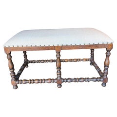 Walnut Upholstered Turned Leg Bench, Italy, 19th Century