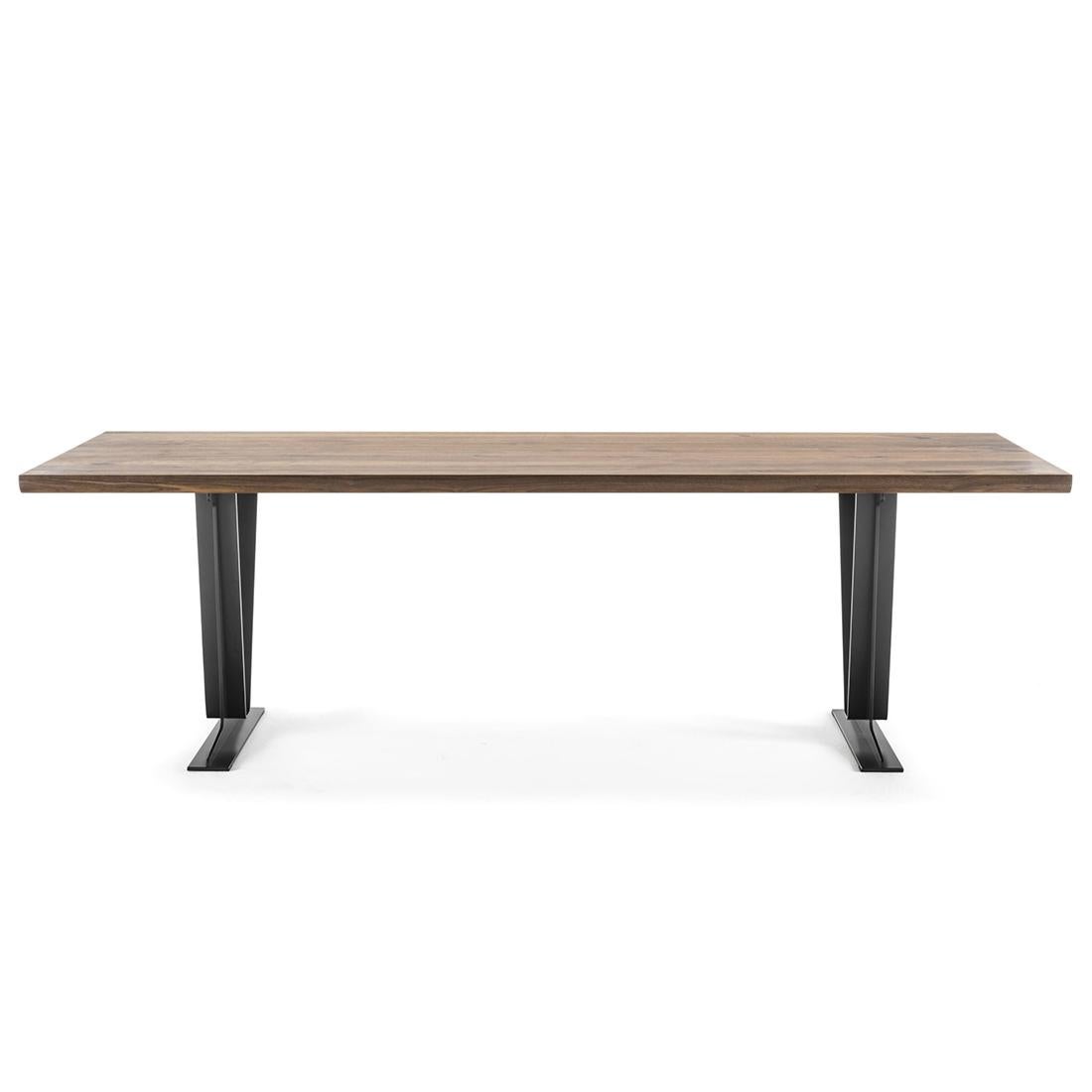 Dining table walnut V shape with solid natural walnut 
wood top with glued slats and with rounded edges,. 
With iron base lacquered in grey finish.
Available in: 
L 200 x D 100 x H 74cm, price: 8200,00€
L 220 x D 100 x H 74cm, price: 8700,00€
L 240
