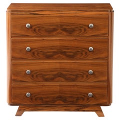 Walnut Veneer 4-Drawer Chest, Nickel Pulls, France, 1940’s