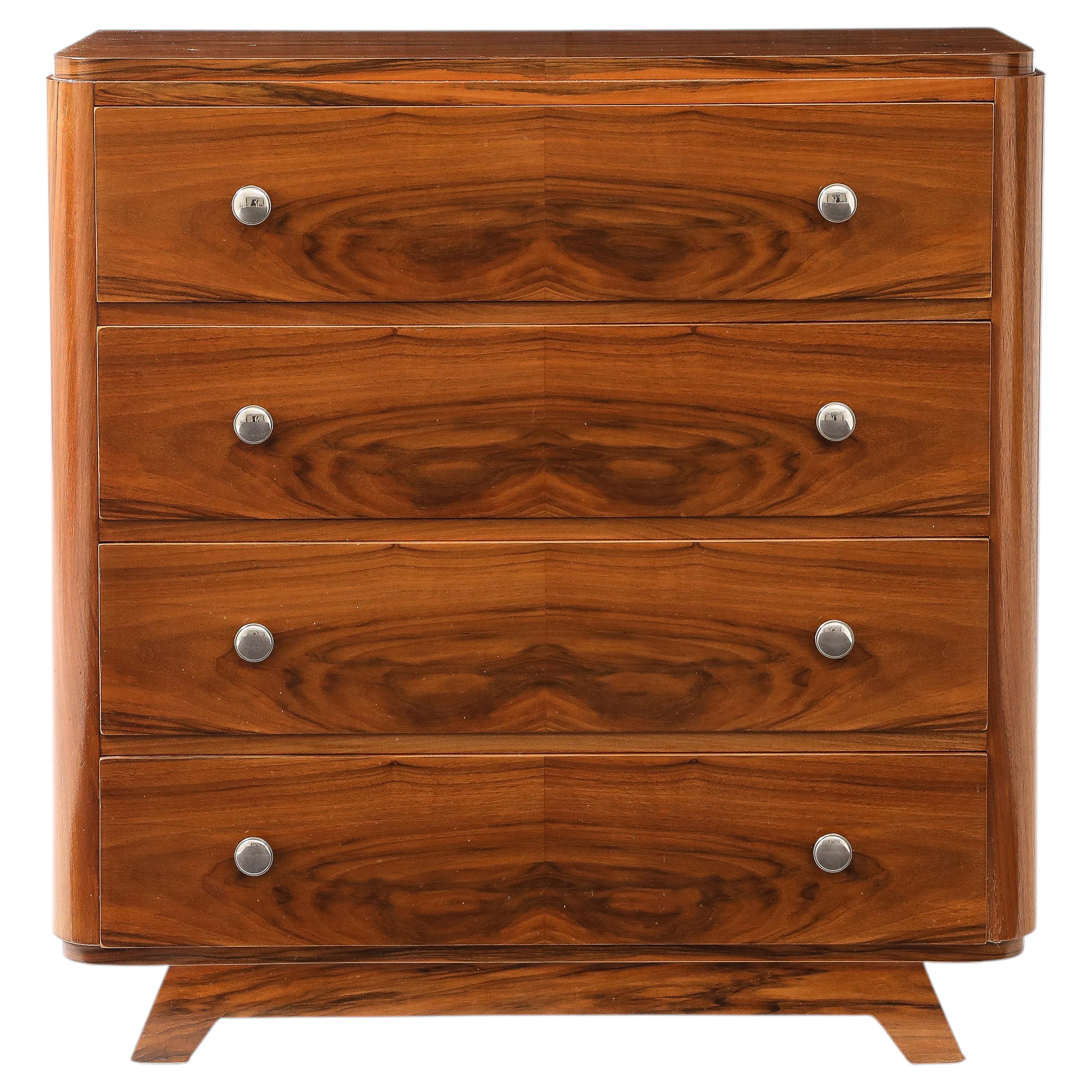Walnut Veneer 4-Drawer Chest, Nickel Pulls, France, 1940’s