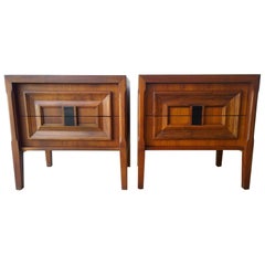 Walnut Veneer & Burl Wood Bedside Nightstands / Bedside Tables / Chest of Drawer