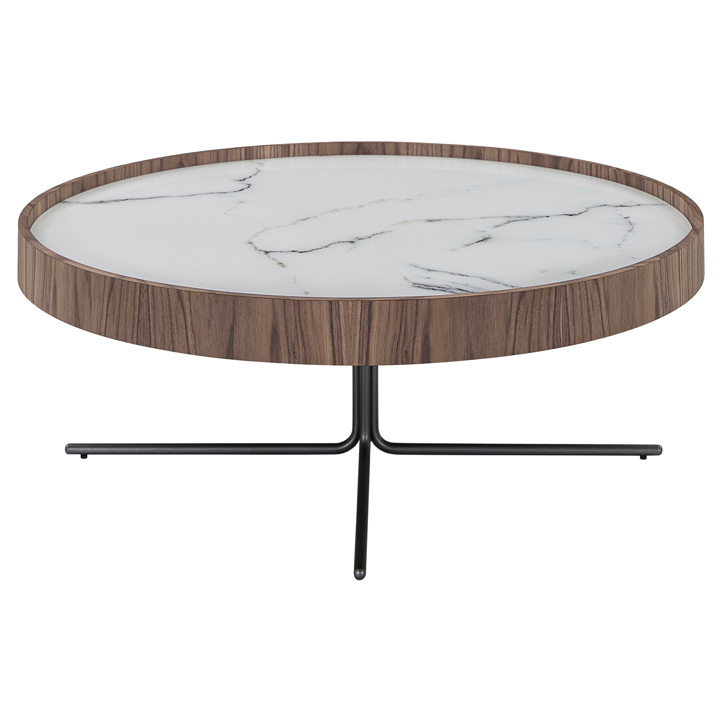 Mesa de centro de chapa de nogal con tapa de cristal de mármol blanco de 39 pulgadas - Regia Line