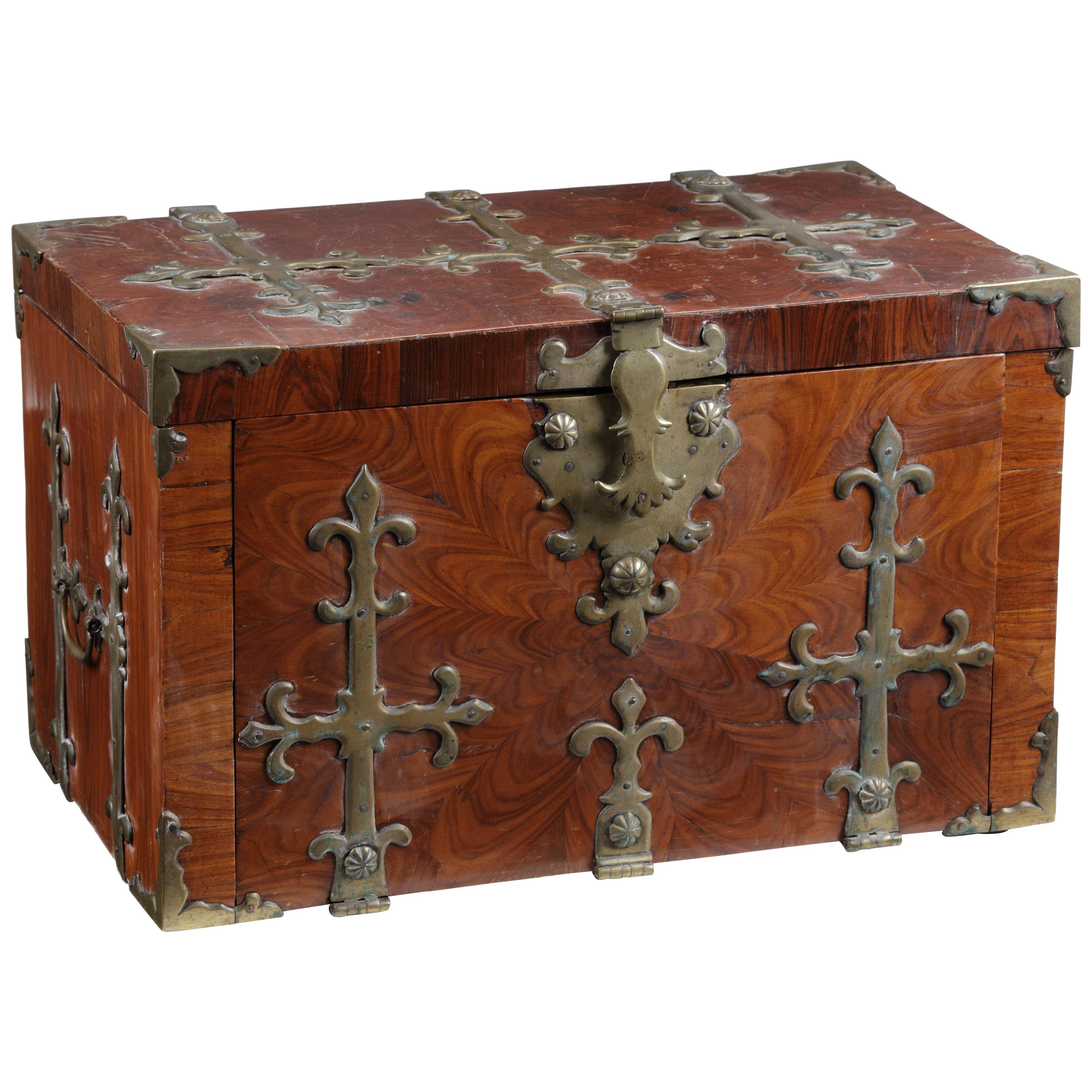 Walnut Veneer on Oak Strong Box 'Coffre Fort' or 'Captain's Chest, 17th Century