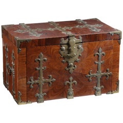 Antique Walnut Veneer on Oak Strong Box 'Coffre Fort' or 'Captain's Chest, 17th Century