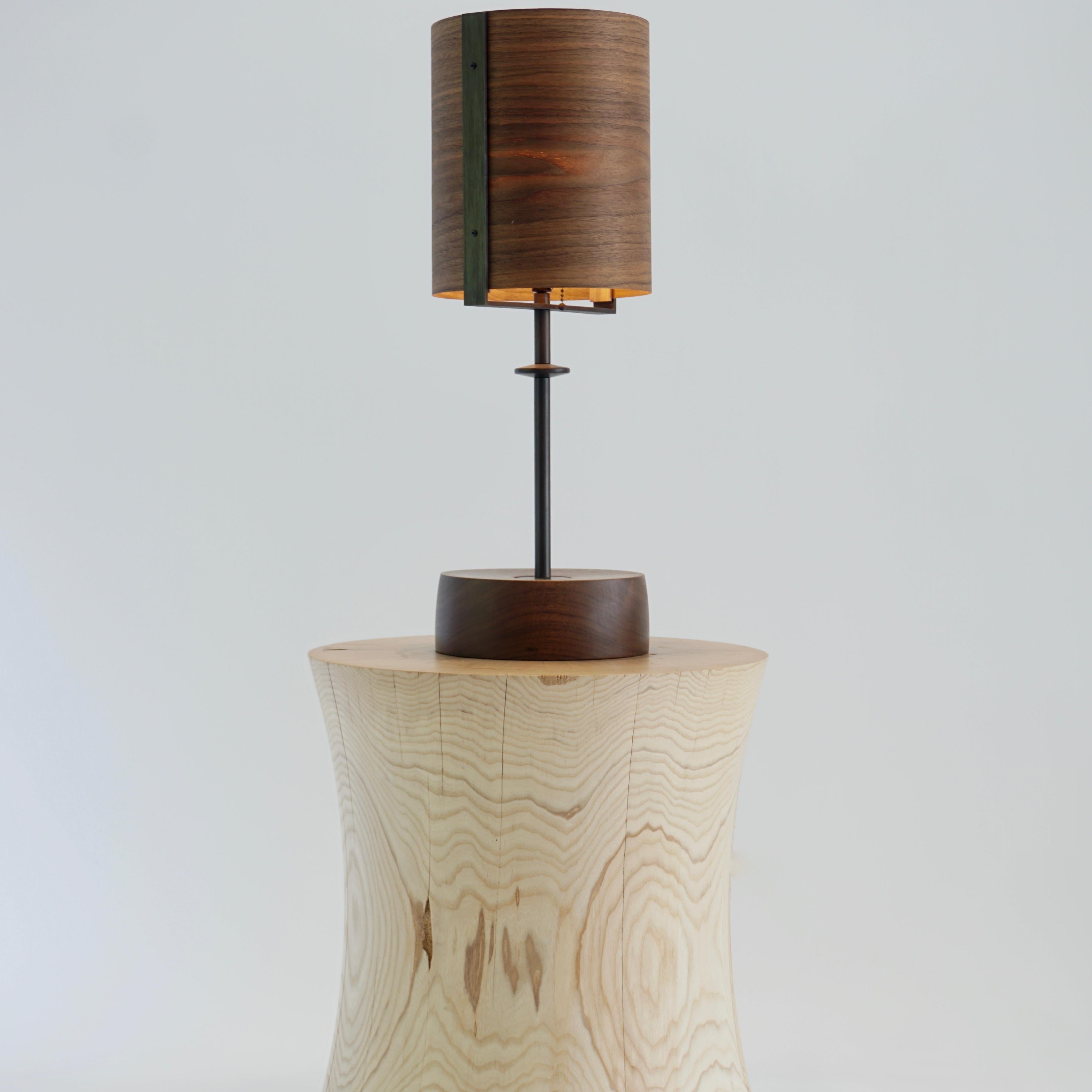American Walnut Veneer Table Lamp #4 with Blackened Bronze Frame For Sale