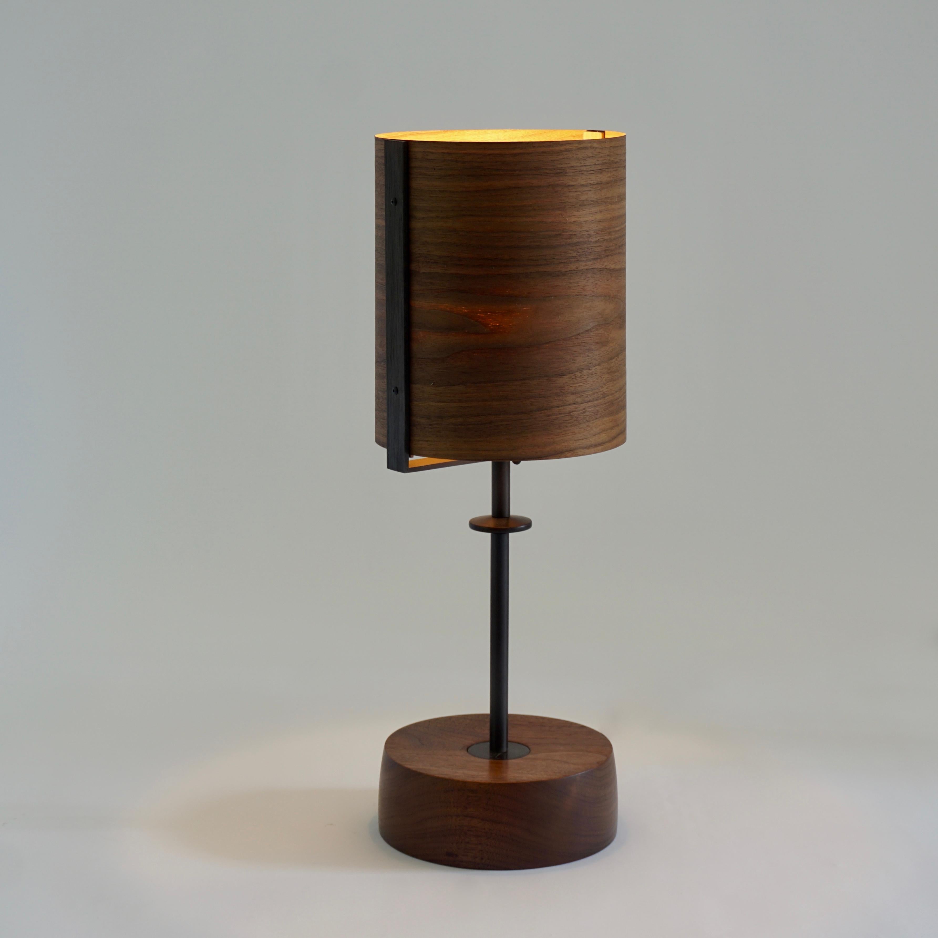 Contemporary Walnut Veneer Table Lamp #4 with Blackened Bronze Frame For Sale