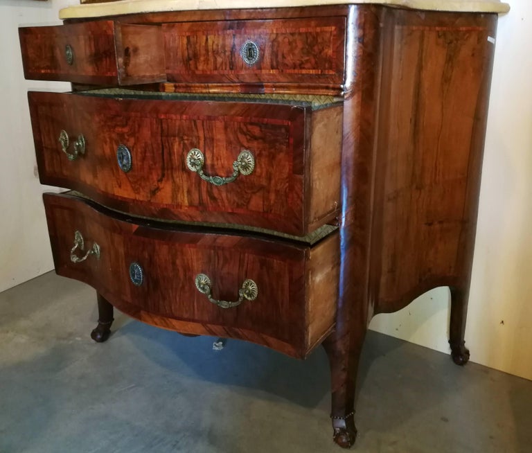 Italian chest of drawers with marble top. Naples, 18th Century. Italy