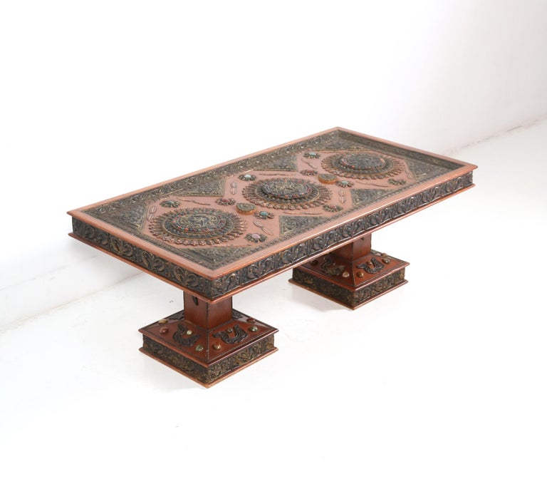 Walnut Vintage Boho Chic Bohemian Coffee Table with Patinated Brass, 1970s For Sale at 1stDibs