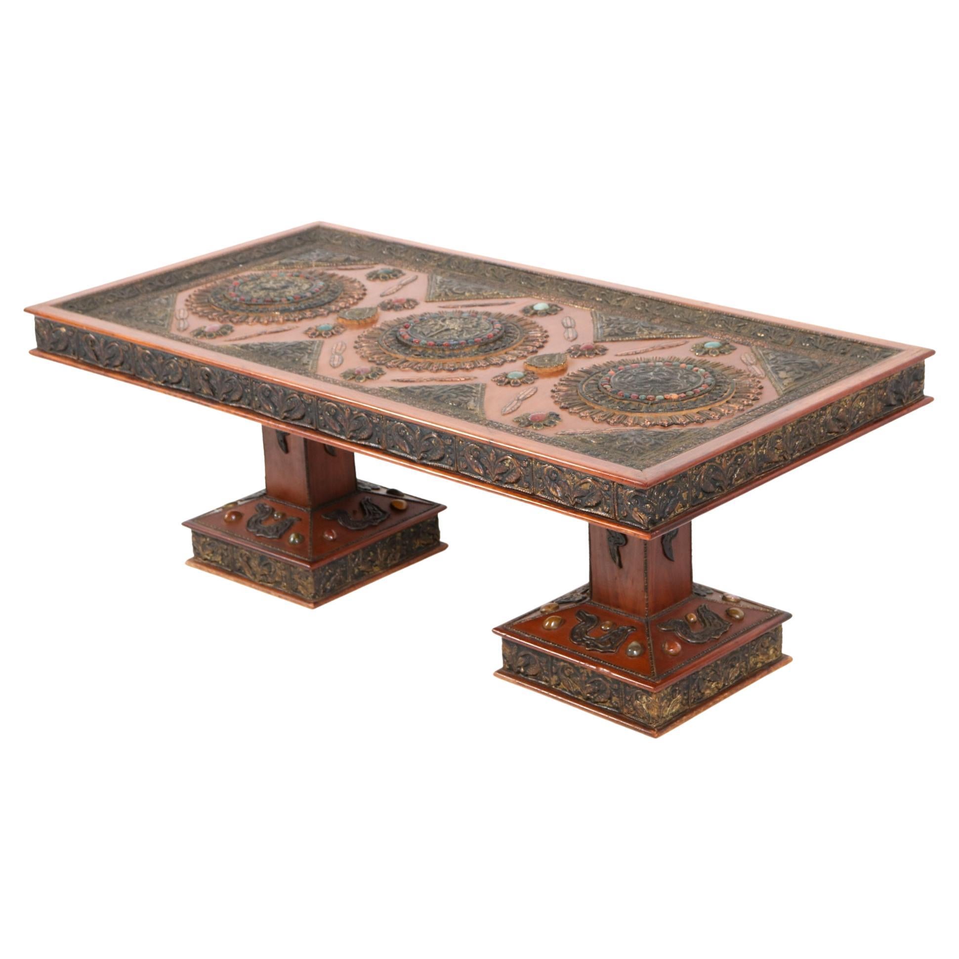 Bohemian Campaign Brass Tray Coffee Table with 4 Brass Stools For Sale