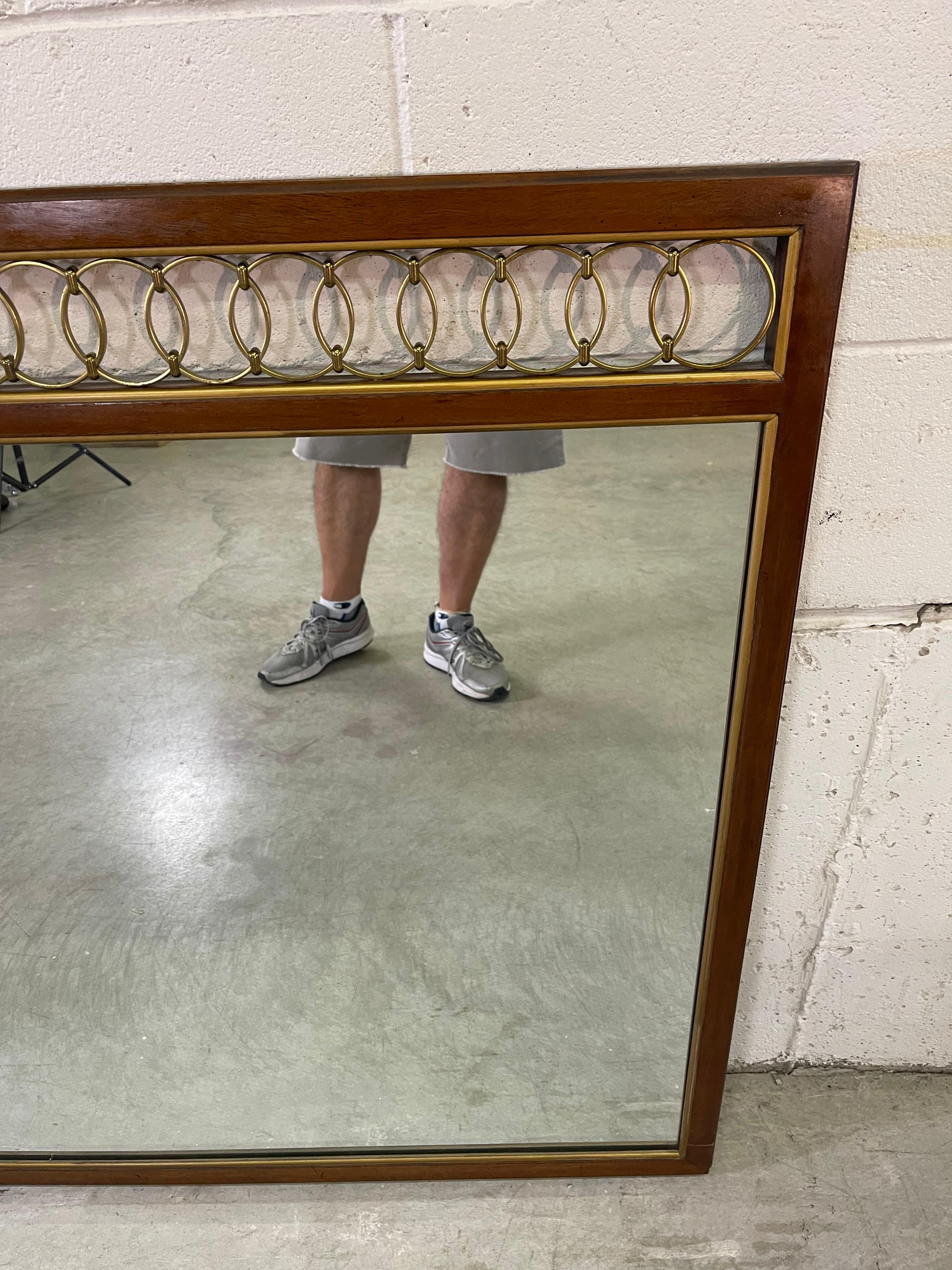 Walnut Wall Mirror with Brass Rings In Good Condition In Amherst, NH
