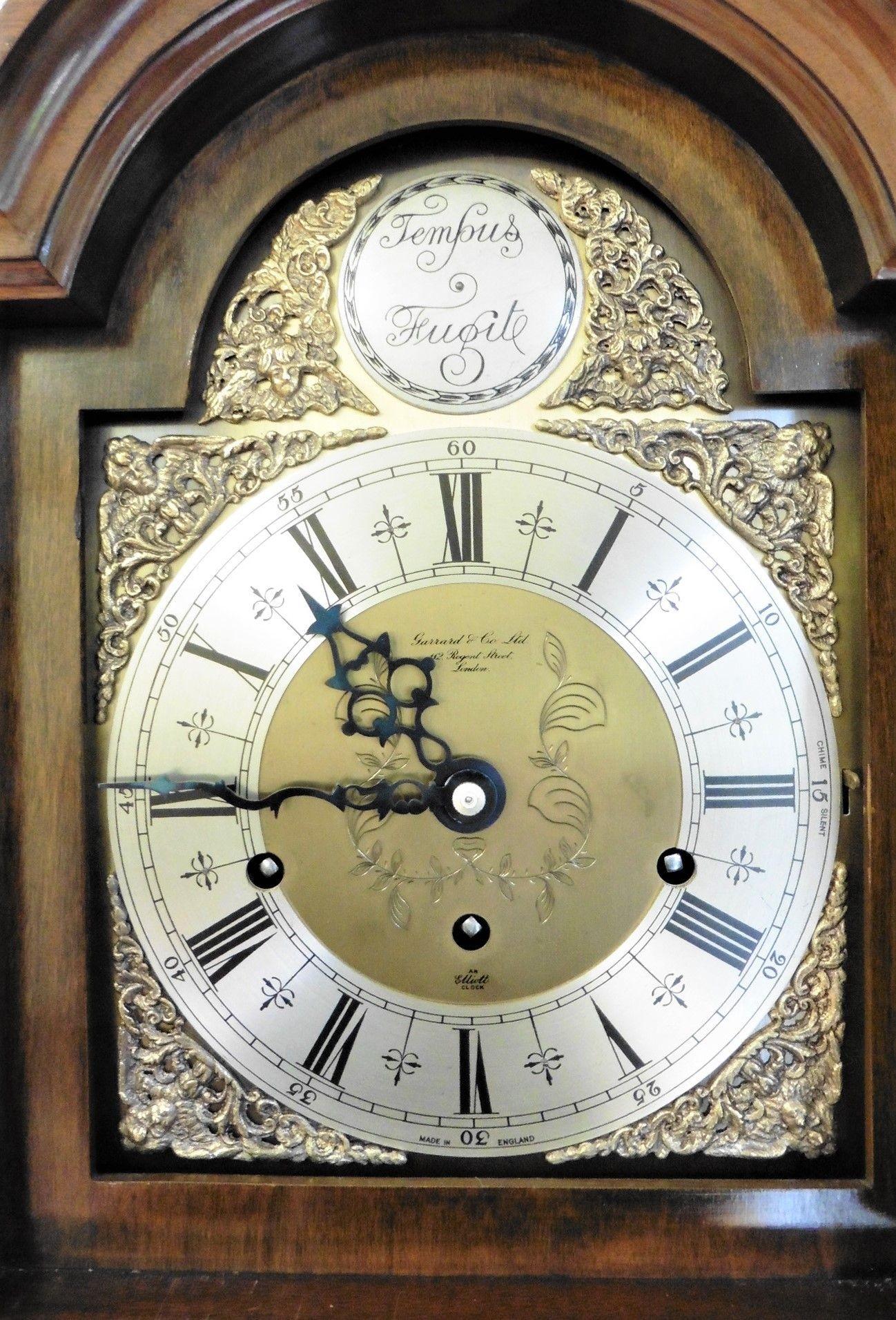 English Walnut Westminster Chiming Grandmother Clock Retailed by Garrards, London For Sale