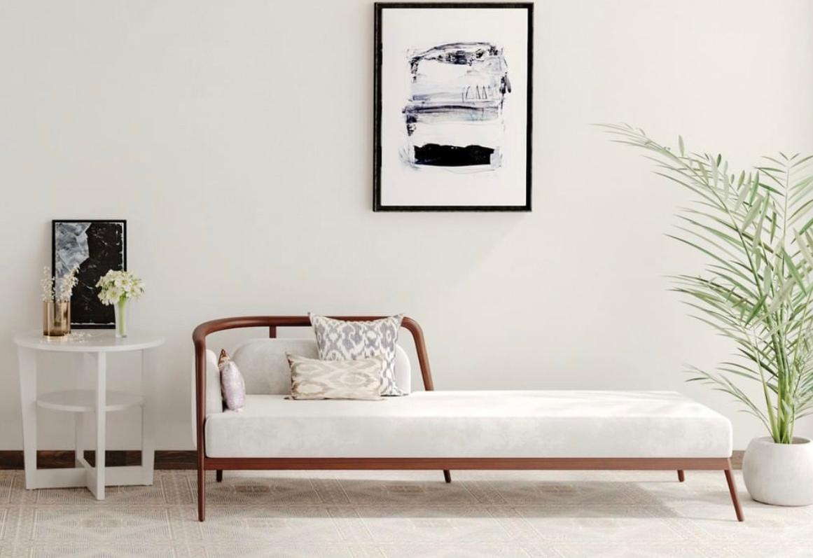 Modernes Essex-Tagesbett aus Nussbaumholz und weißem Samt (Skandinavische Moderne) im Angebot