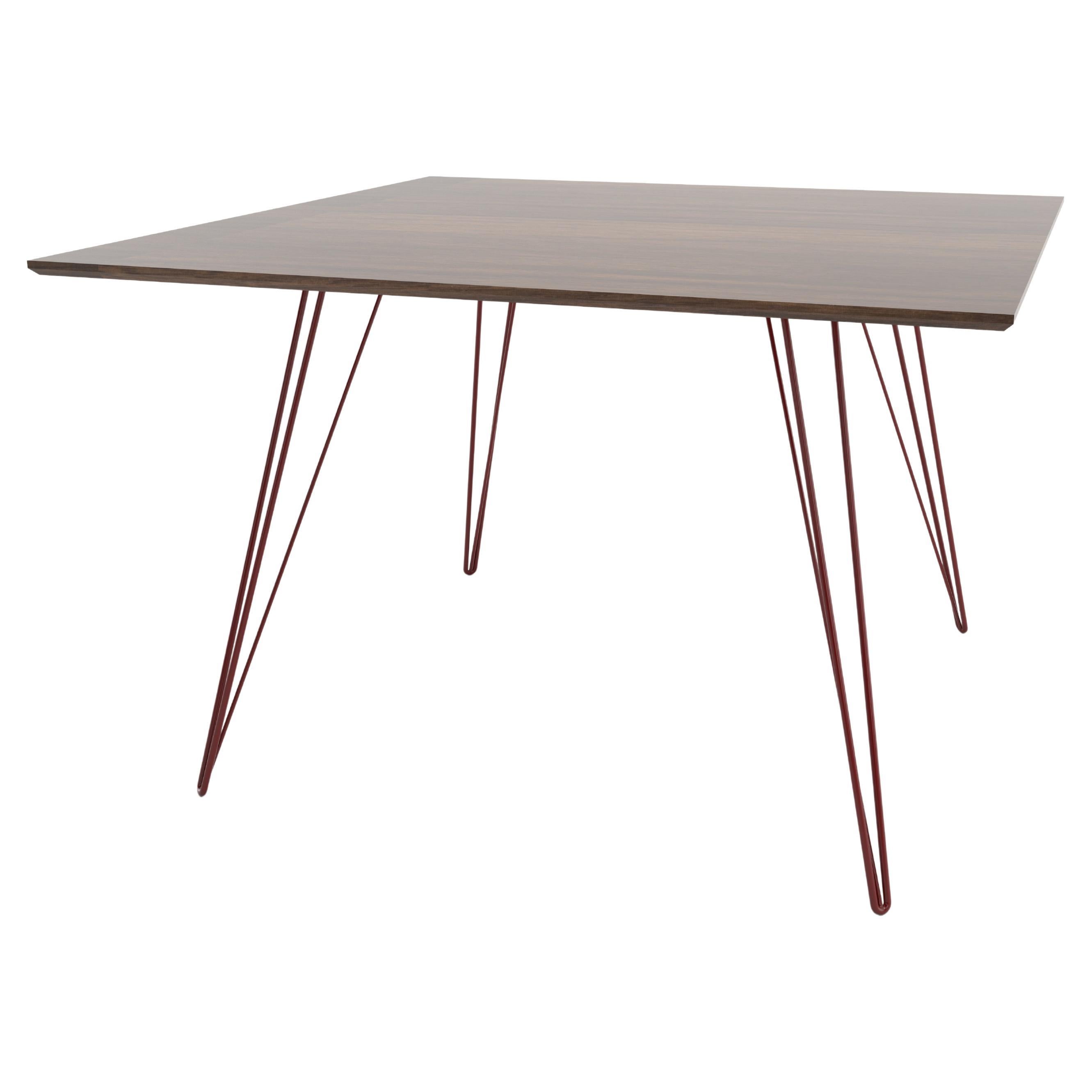 Walnut Williams Dining Table Blood Red Hairpin Legs Square Top For Sale