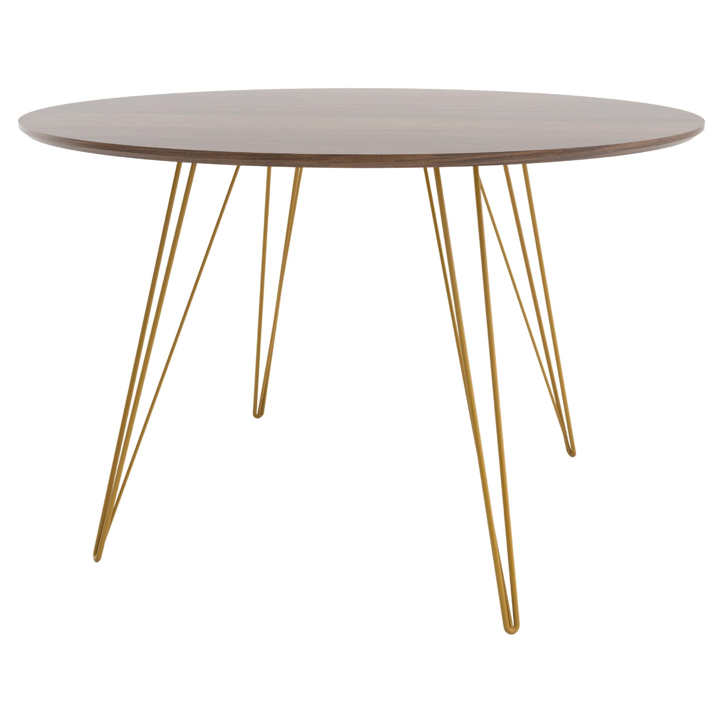 Walnut Williams Dining Table Mustard Hairpin Legs Circle Top