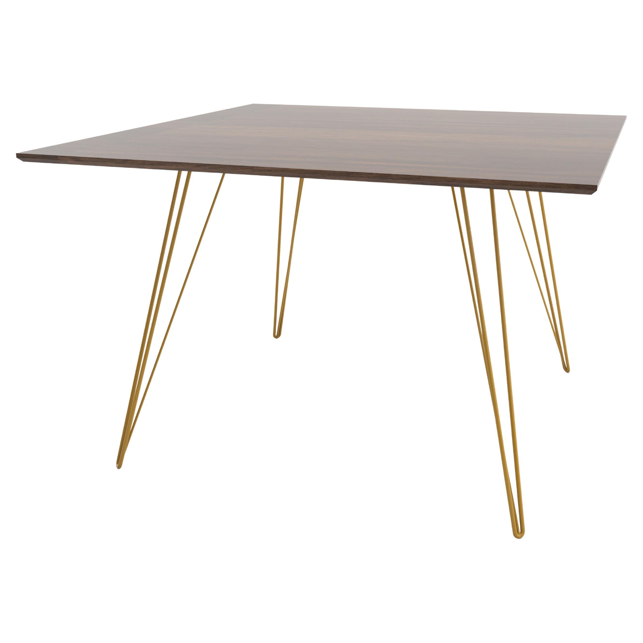 Walnut Williams Dining Table Mustard Hairpin Legs, Square Top For Sale