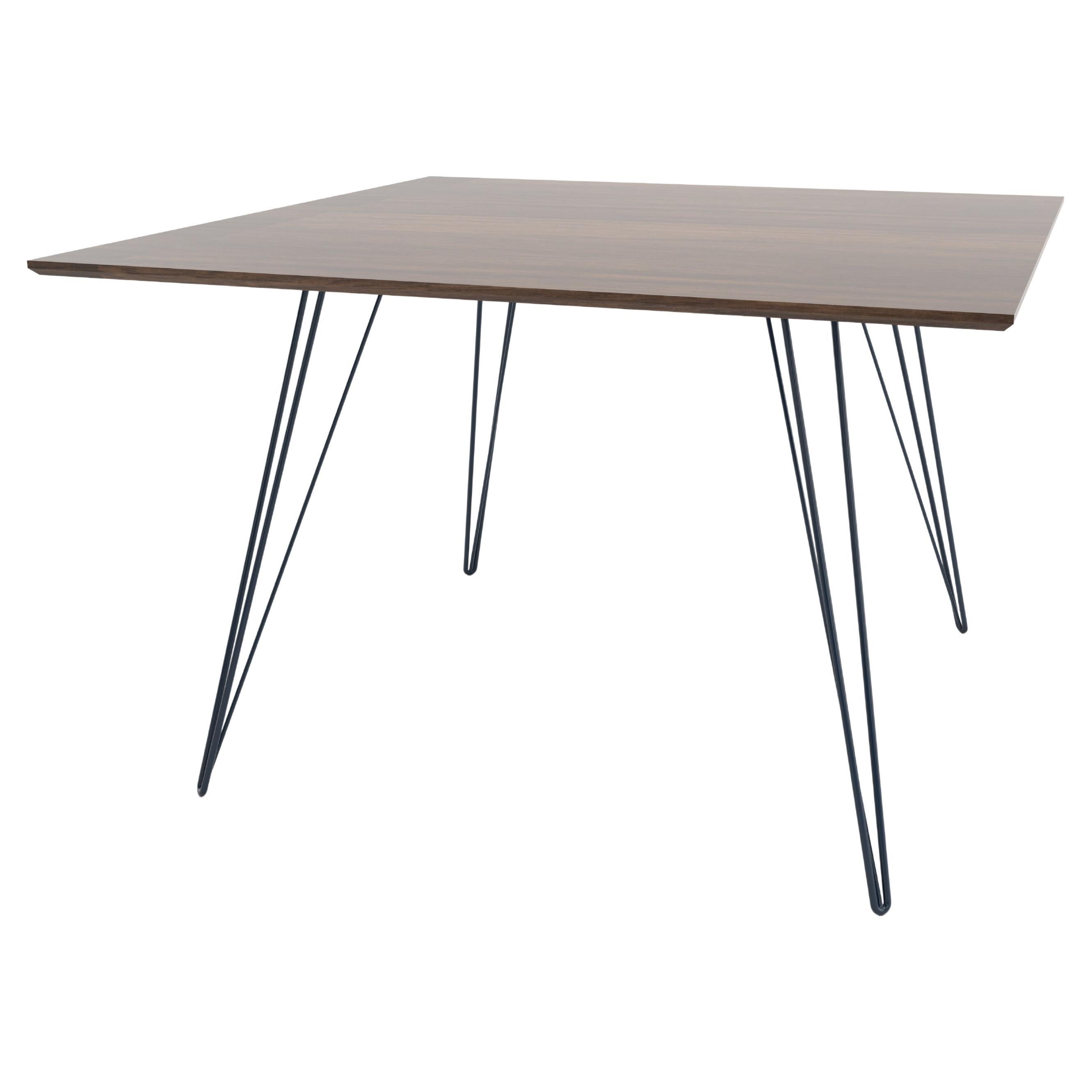 Walnut Williams Dining Table Navy Hairpin Legs Square Top For Sale