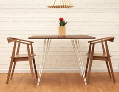 Walnut Williams Dining Table White Hairpin Legs, Square Top