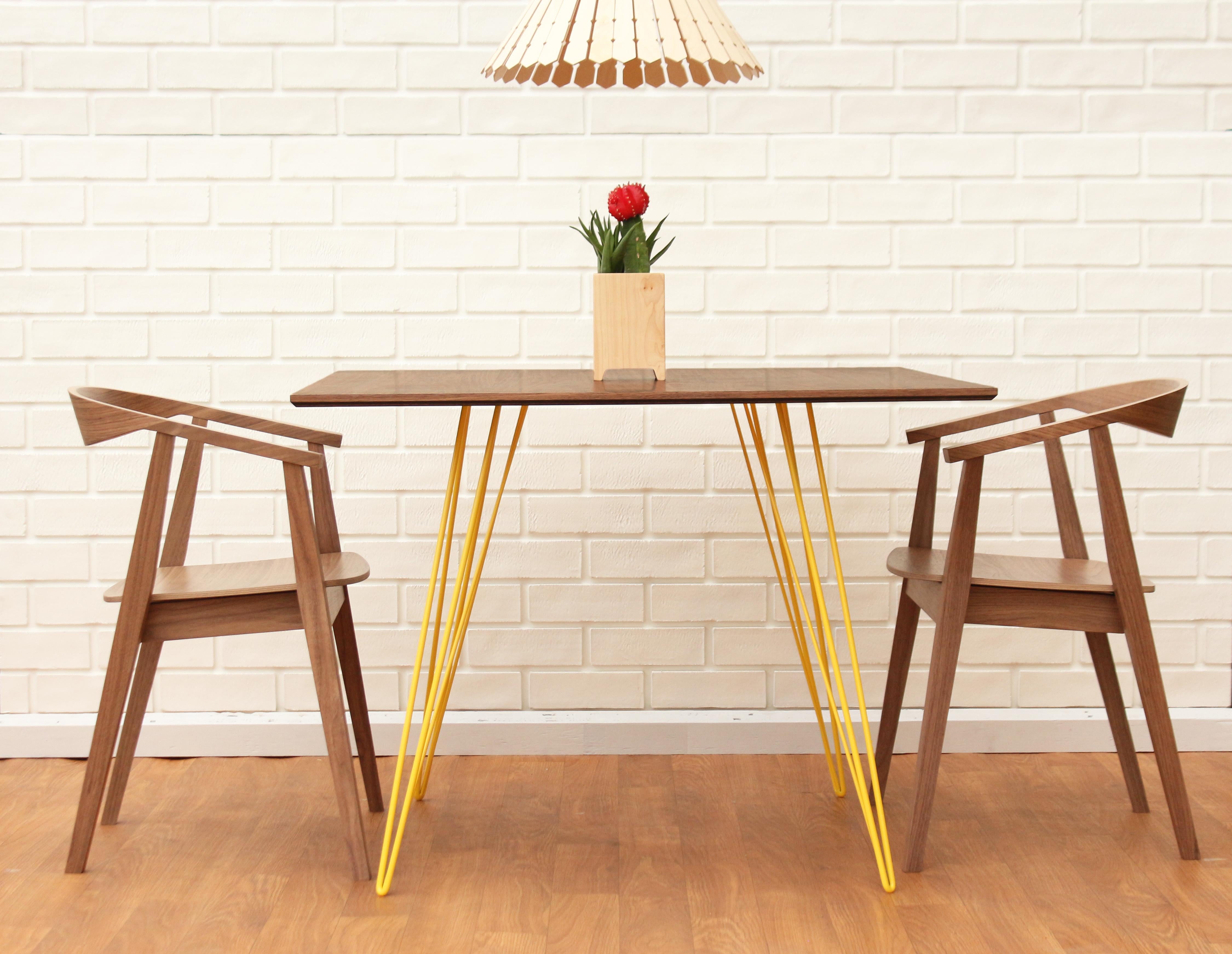 Scandinavian Modern Walnut Williams Dining Table Yellow Hairpin Legs Square Top For Sale
