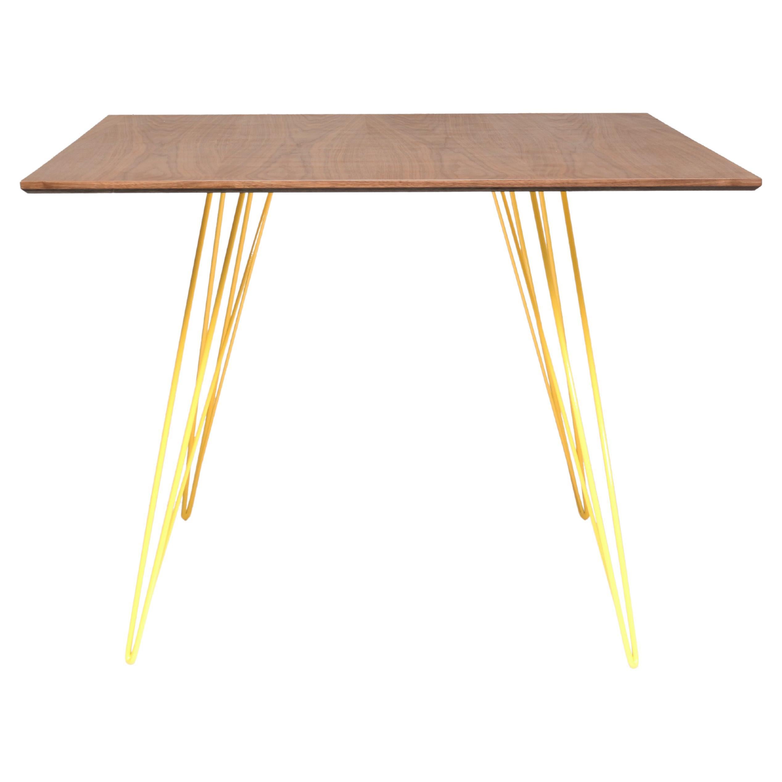 Walnut Williams Dining Table Yellow Hairpin Legs Square Top For Sale