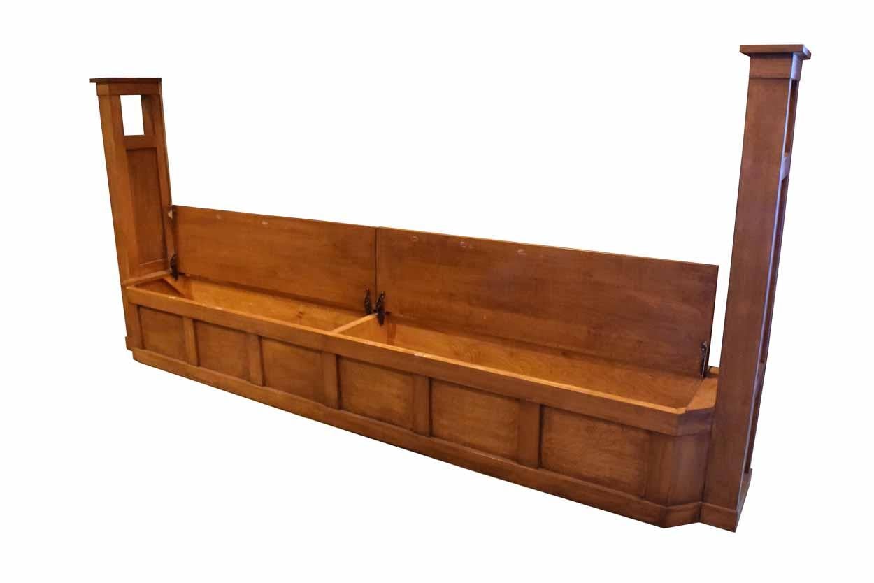 This wonderful walnut window seat with end posts doubles as seating and as storage space, as the two seat areas open up to reveal large storage space underneath. This window set is made of beautiful walnut woodwork and is in great condition! This