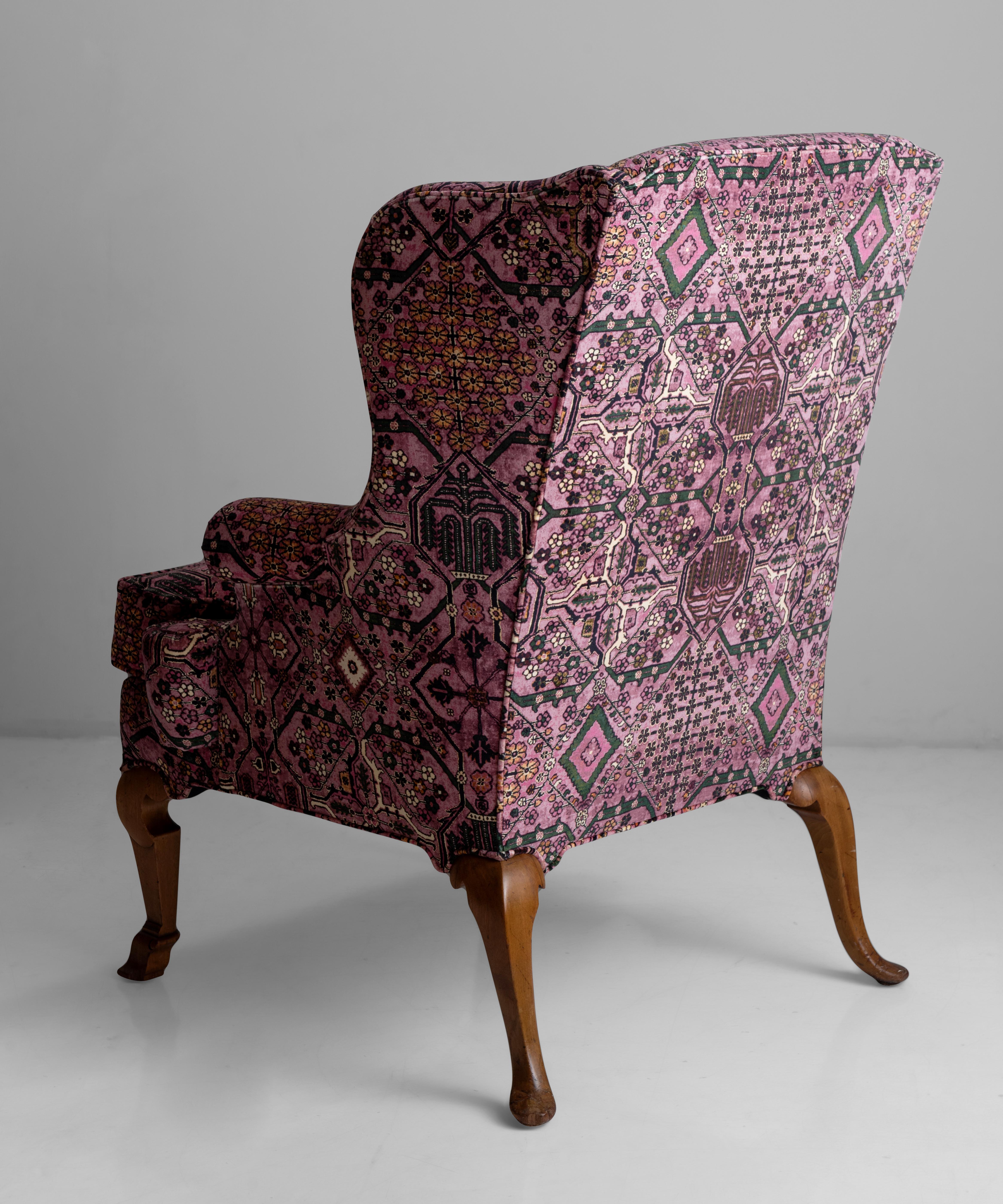 English Walnut Wing Chair in 100% Cotton Velvet from House of Hackney