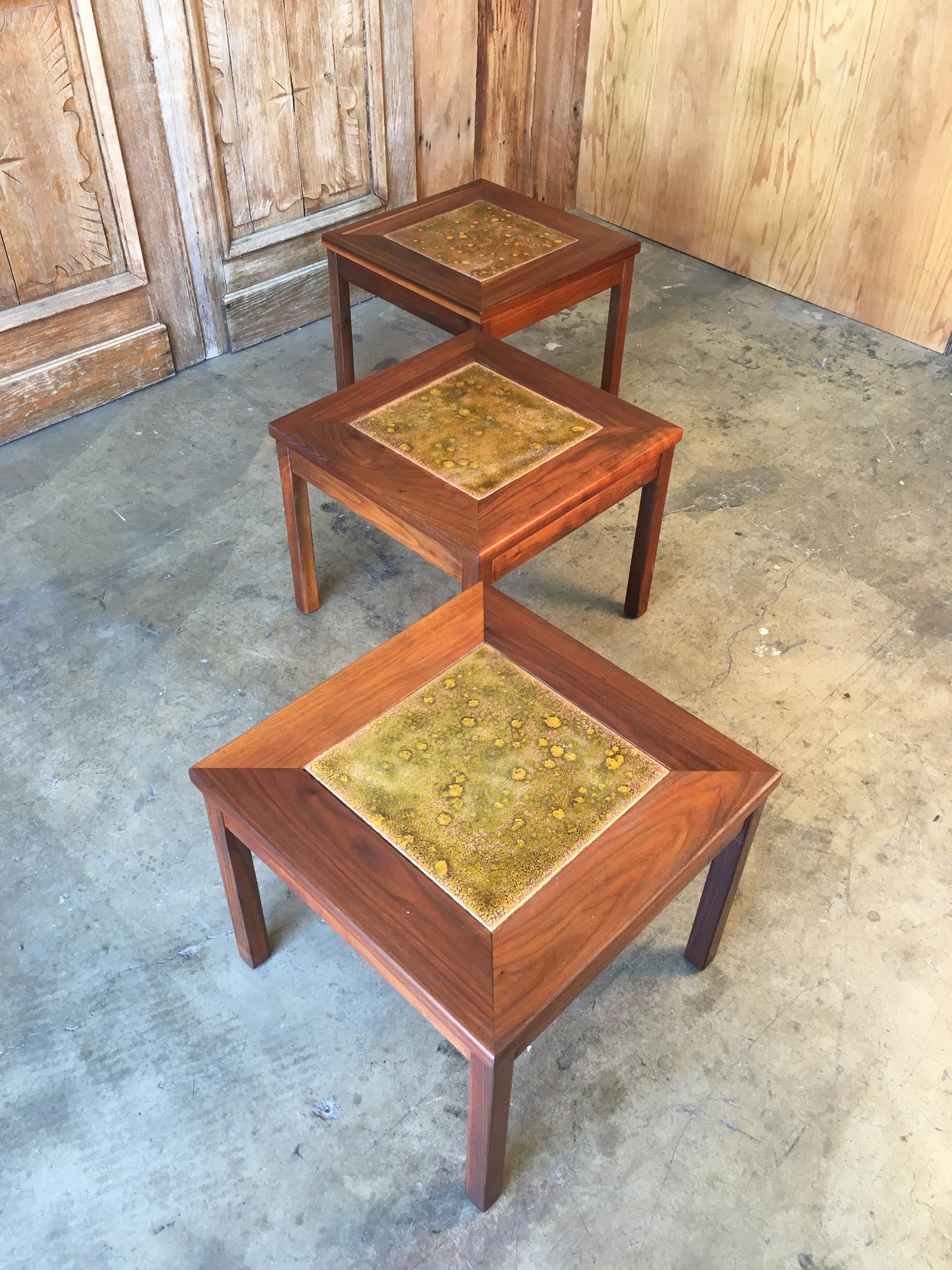 Walnut with Copper Tile Top Tables by John Keal for Brown Saltman In Good Condition In Denton, TX