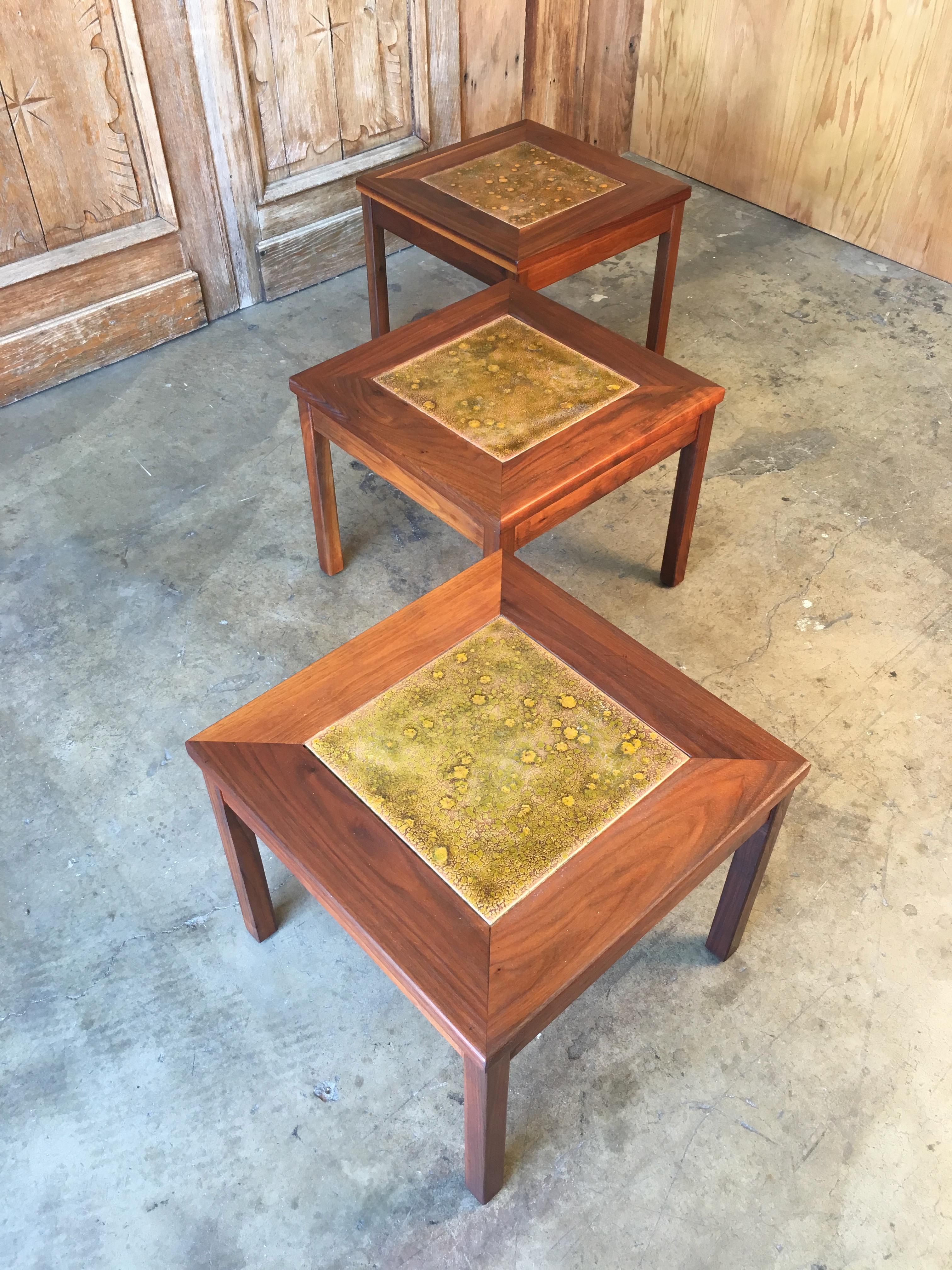 20th Century Walnut with Copper Tile Top Tables by John Keal for Brown Saltman