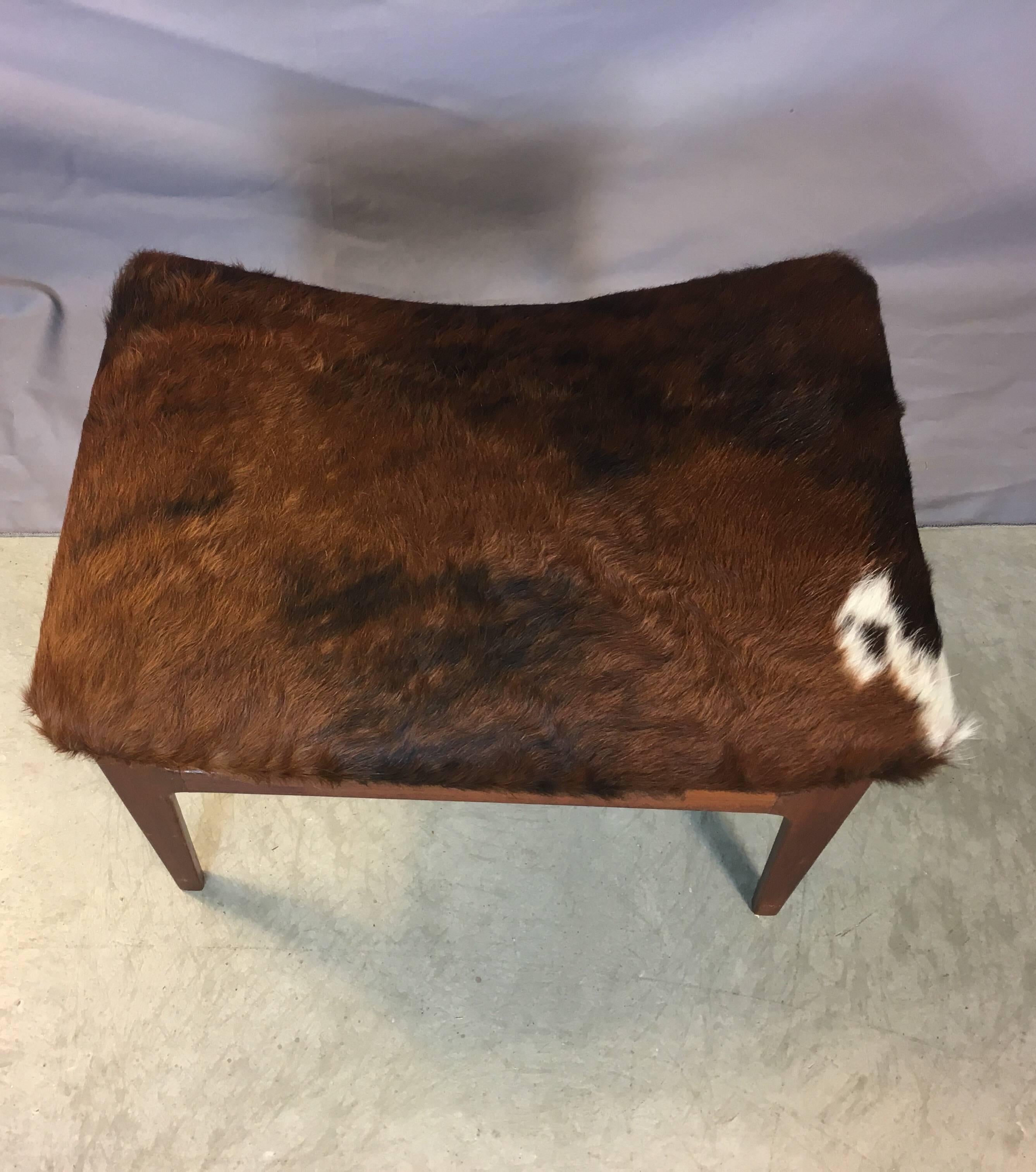 Mid-Century Modern Walnut Wood and Cowhide Seat Footstool, 1960s For Sale