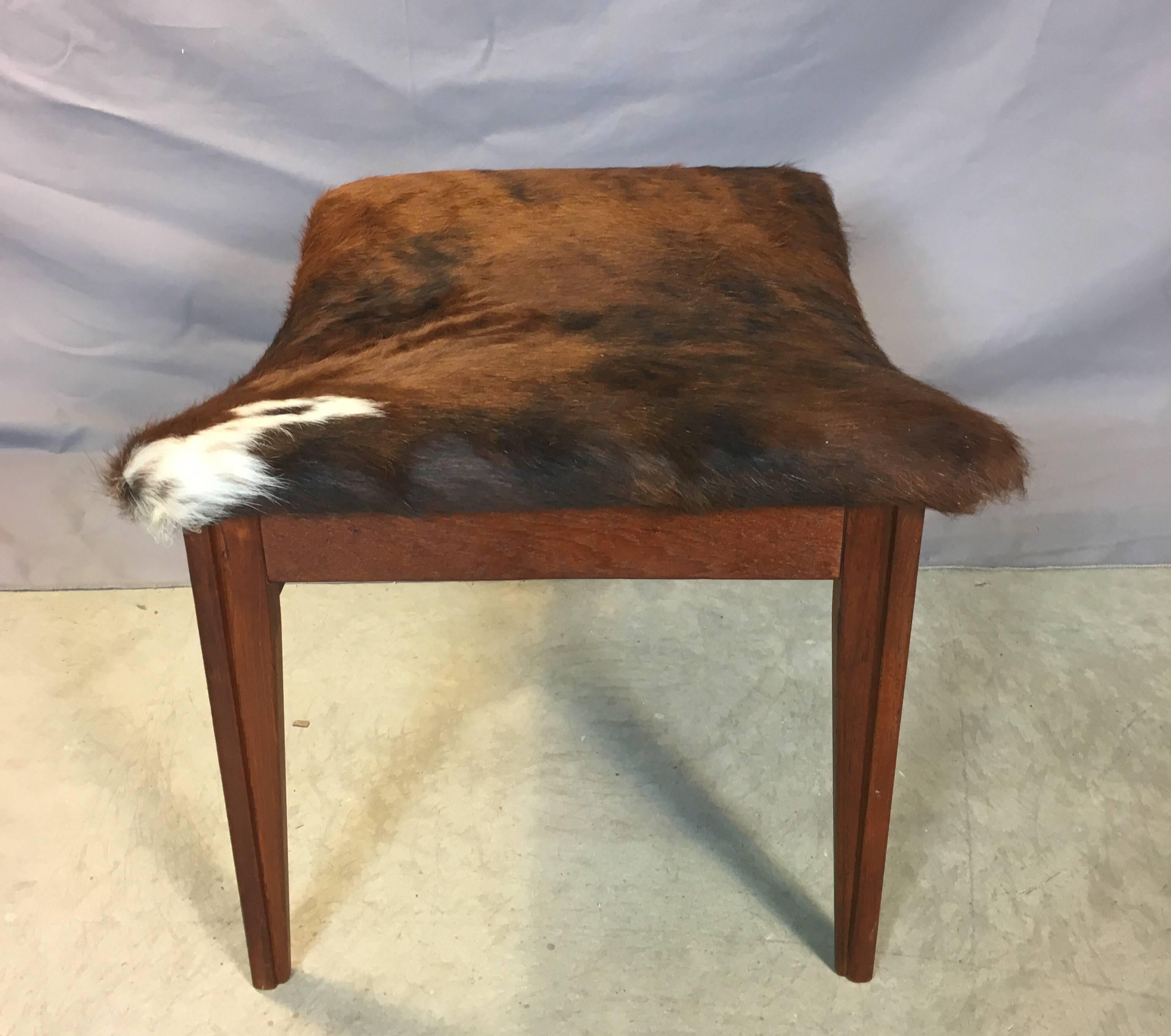 North American Walnut Wood and Cowhide Seat Footstool, 1960s For Sale