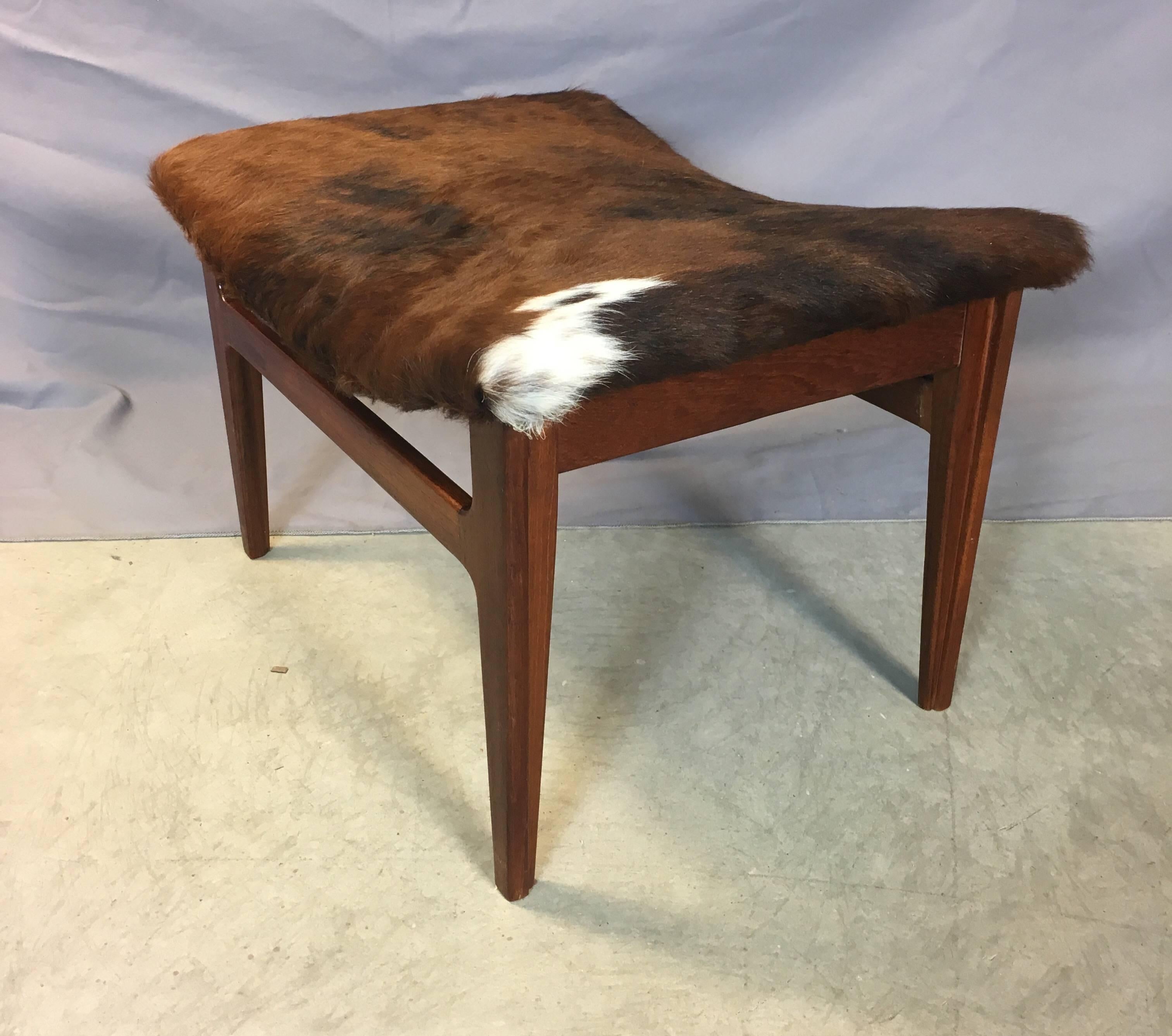 20th Century Walnut Wood and Cowhide Seat Footstool, 1960s For Sale