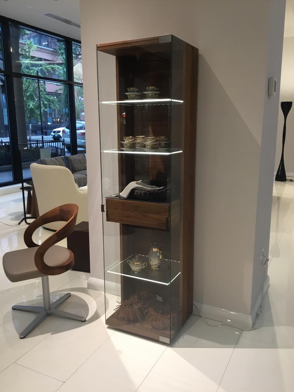 Modern Walnut Wood and Glass Display Vitrine Cabinet with LED Shelf Edge Lighting