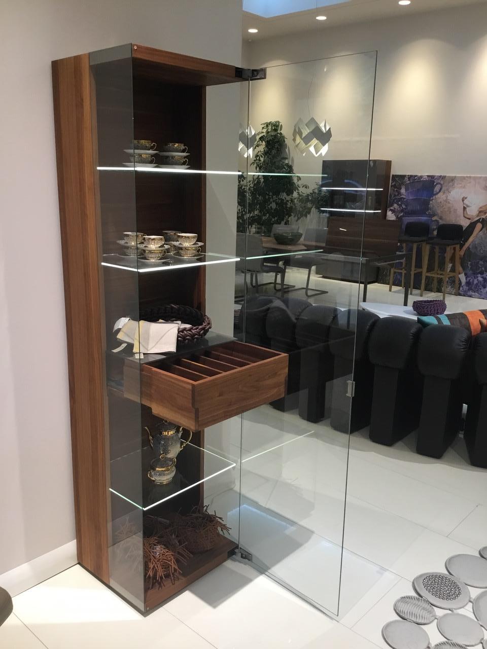 Contemporary Walnut Wood and Glass Display Vitrine Cabinet with LED Shelf Edge Lighting