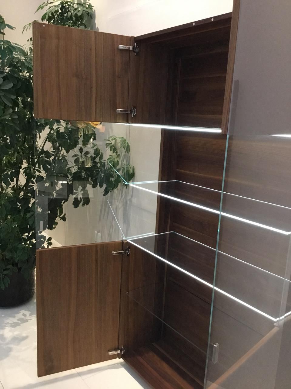 Walnut Wood and Glass Display Vitrine with LED Shelf Edge Lighting In Good Condition In Chicago, IL