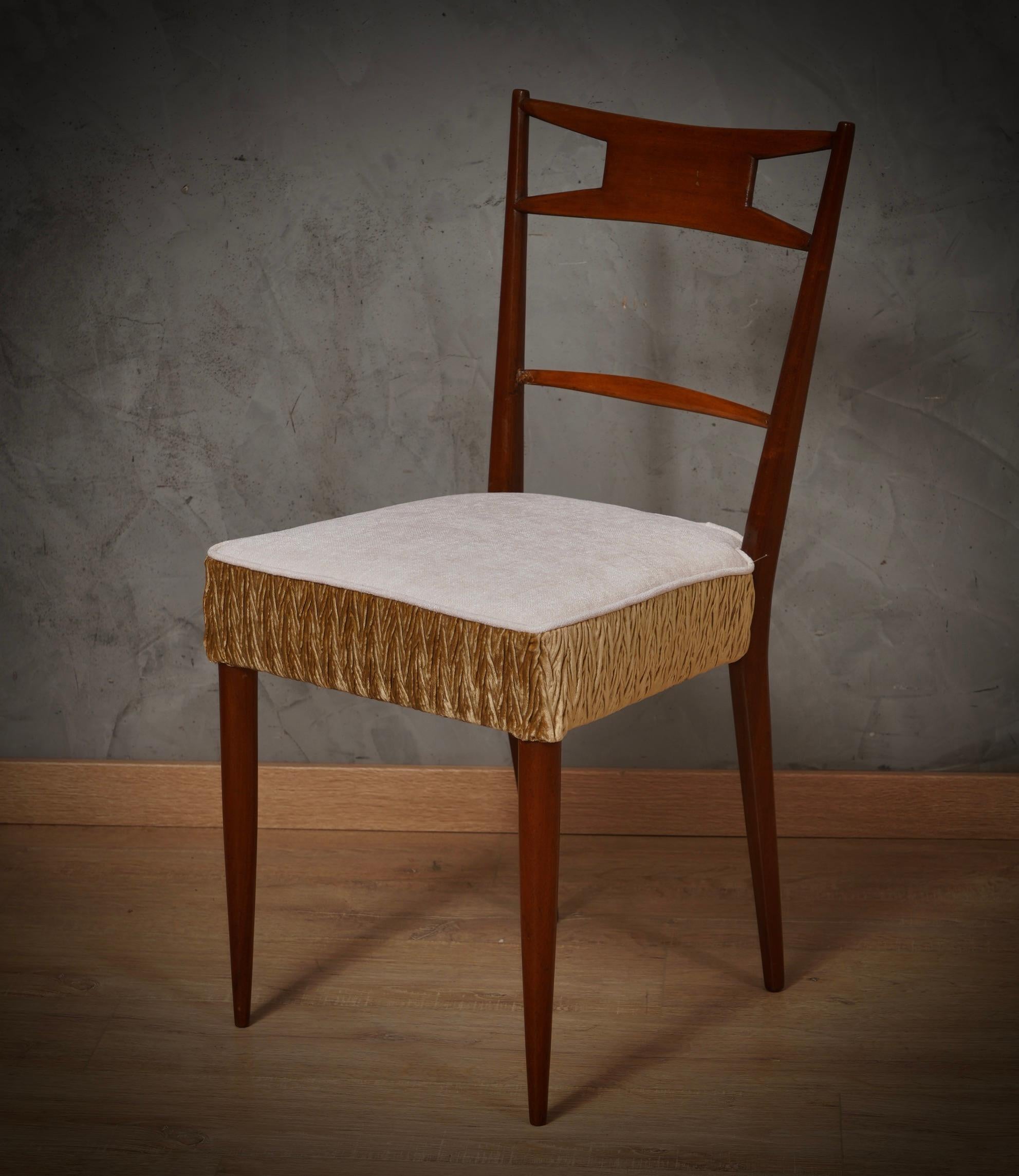Mid-Century Modern Walnut Wood and White and Bronze Velvet Italian Chair, 1950 For Sale