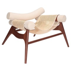 walnut wood armchair upholstered in suede fabric with rattan seat - Wonatti