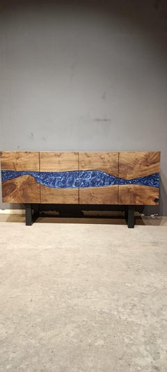 Walnut Wood Blue Epoxy River Console – Sculptural Luxury Modern Sideboard