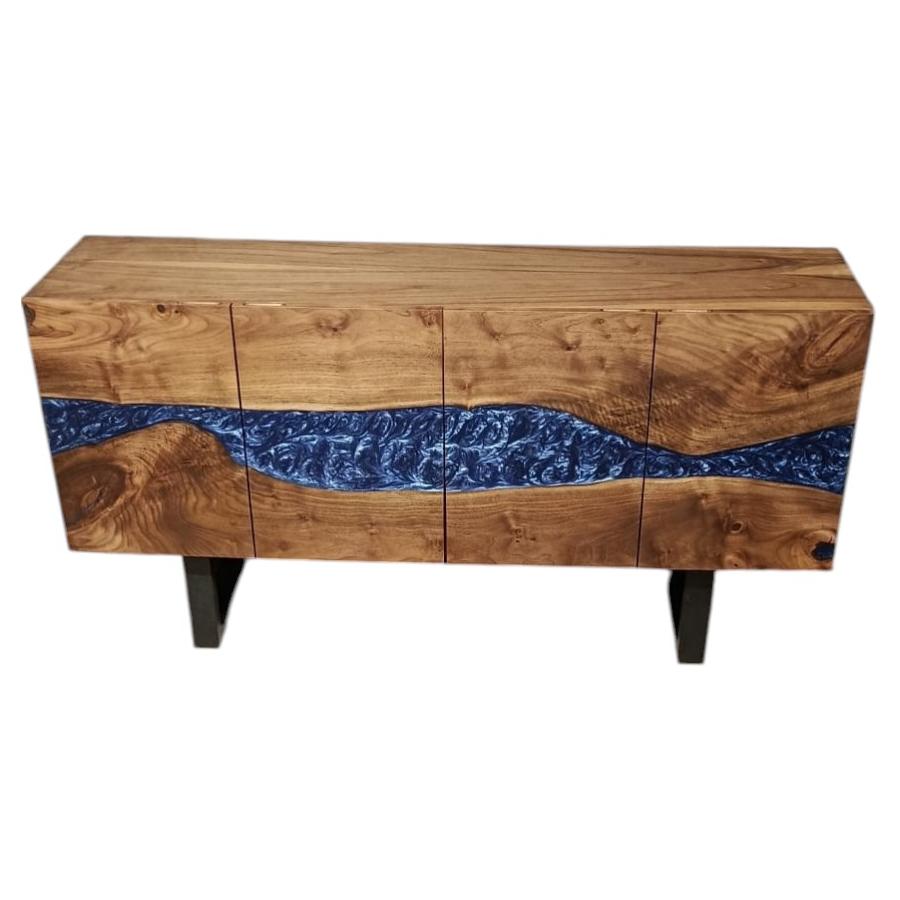 Walnuss Holz Blau Epoxy Fluss Konsole - Skulpturale Luxus Modern Sideboard im Angebot
