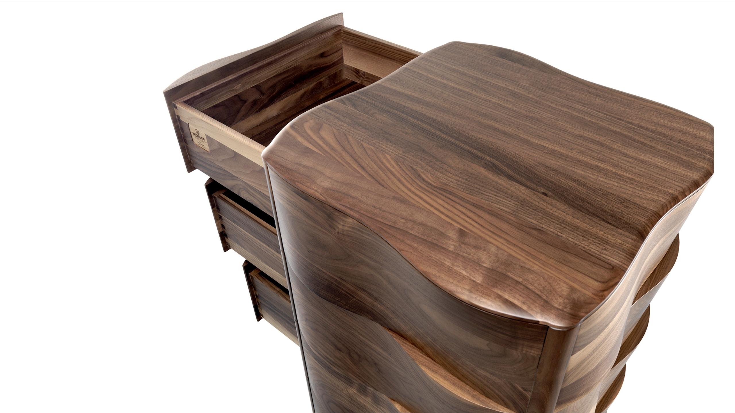Contemporary Walnut Wood Chest of Drawers Tall Sculptural Design For Sale