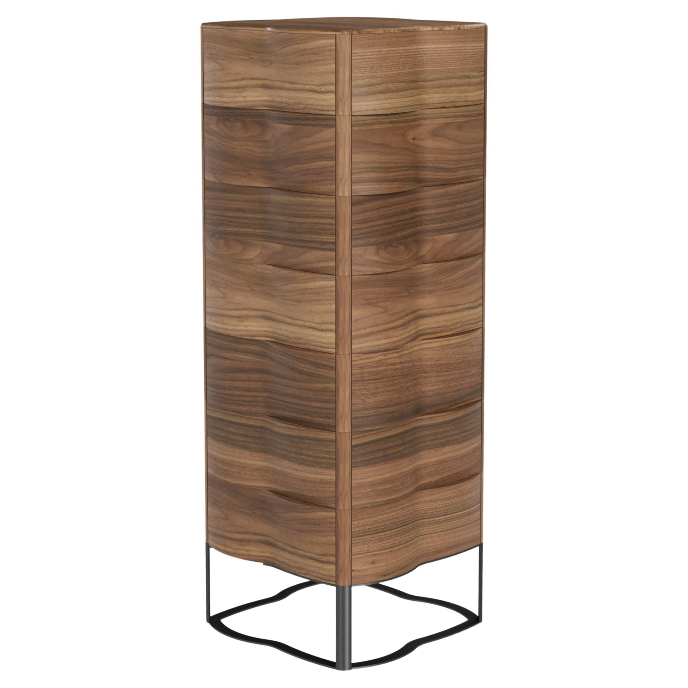 Walnut Wood Chest of Drawers Tall Sculptural Design For Sale
