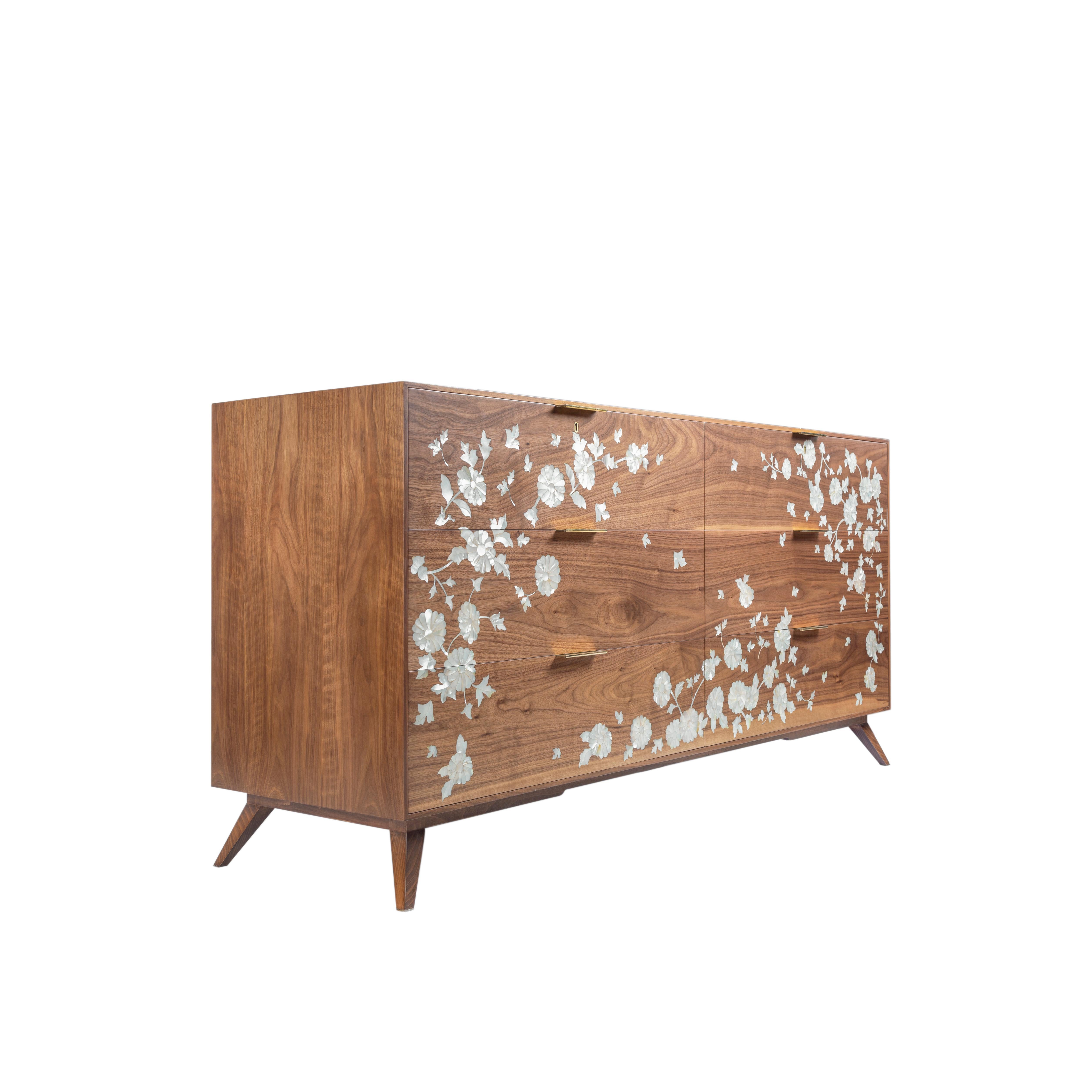Modern Walnut Wood Chest of Drawers with Hand-Laid Mother-of-Pearl in Floral Design For Sale