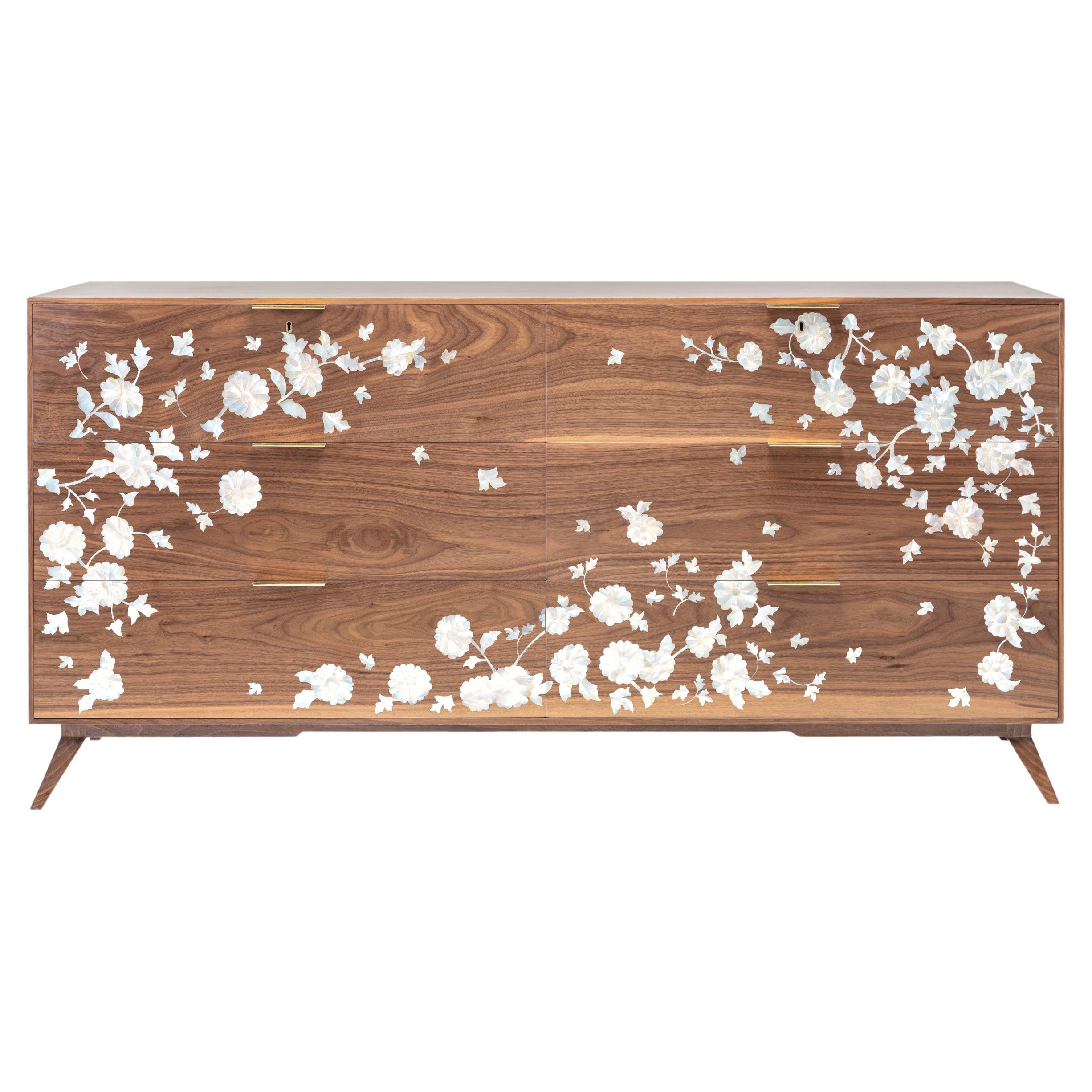 Walnut Wood Chest of Drawers with Hand-Laid Mother-of-Pearl in Floral Design For Sale