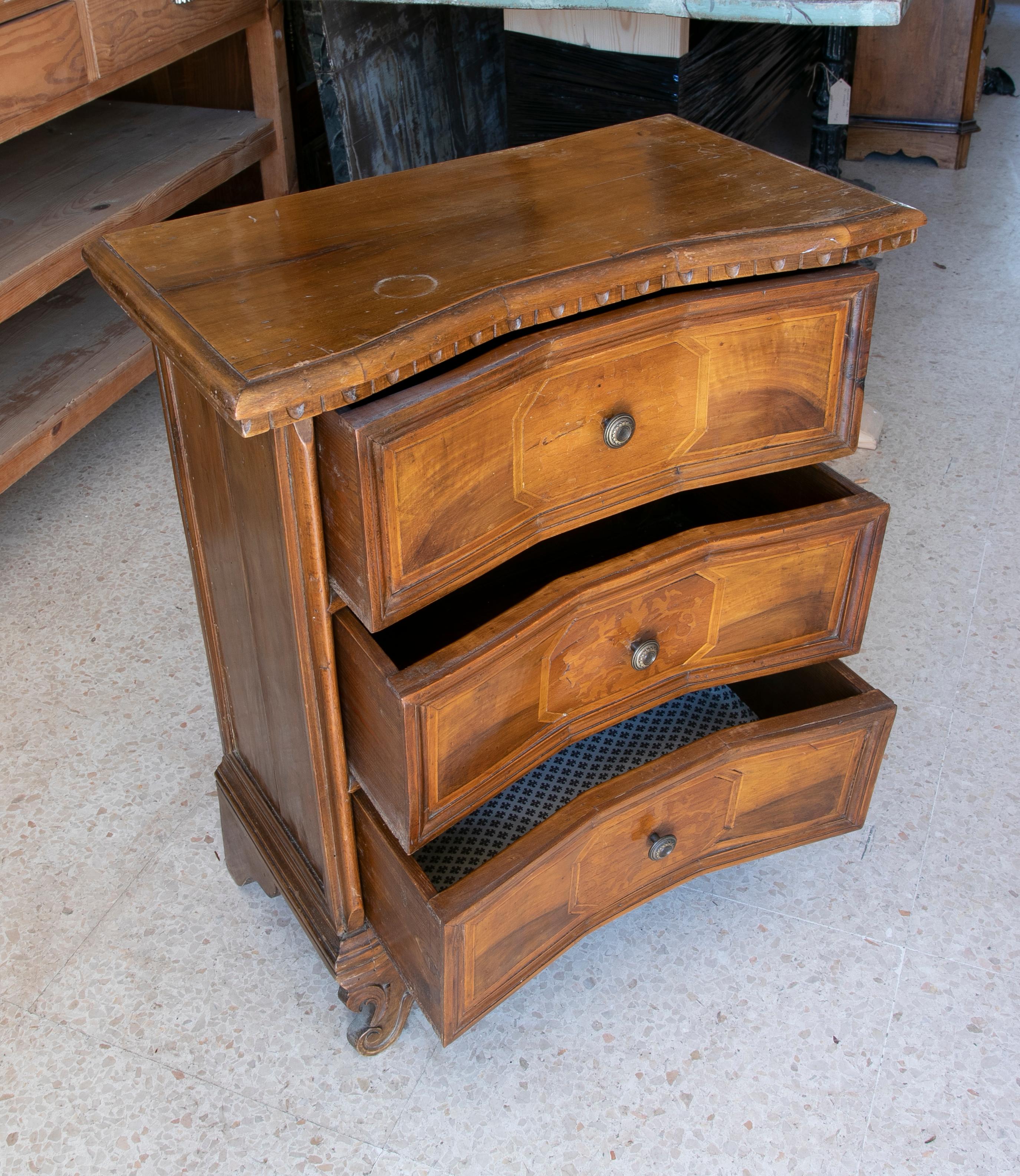 French Walnut Wood Chest with Inlays and Three Drawers For Sale
