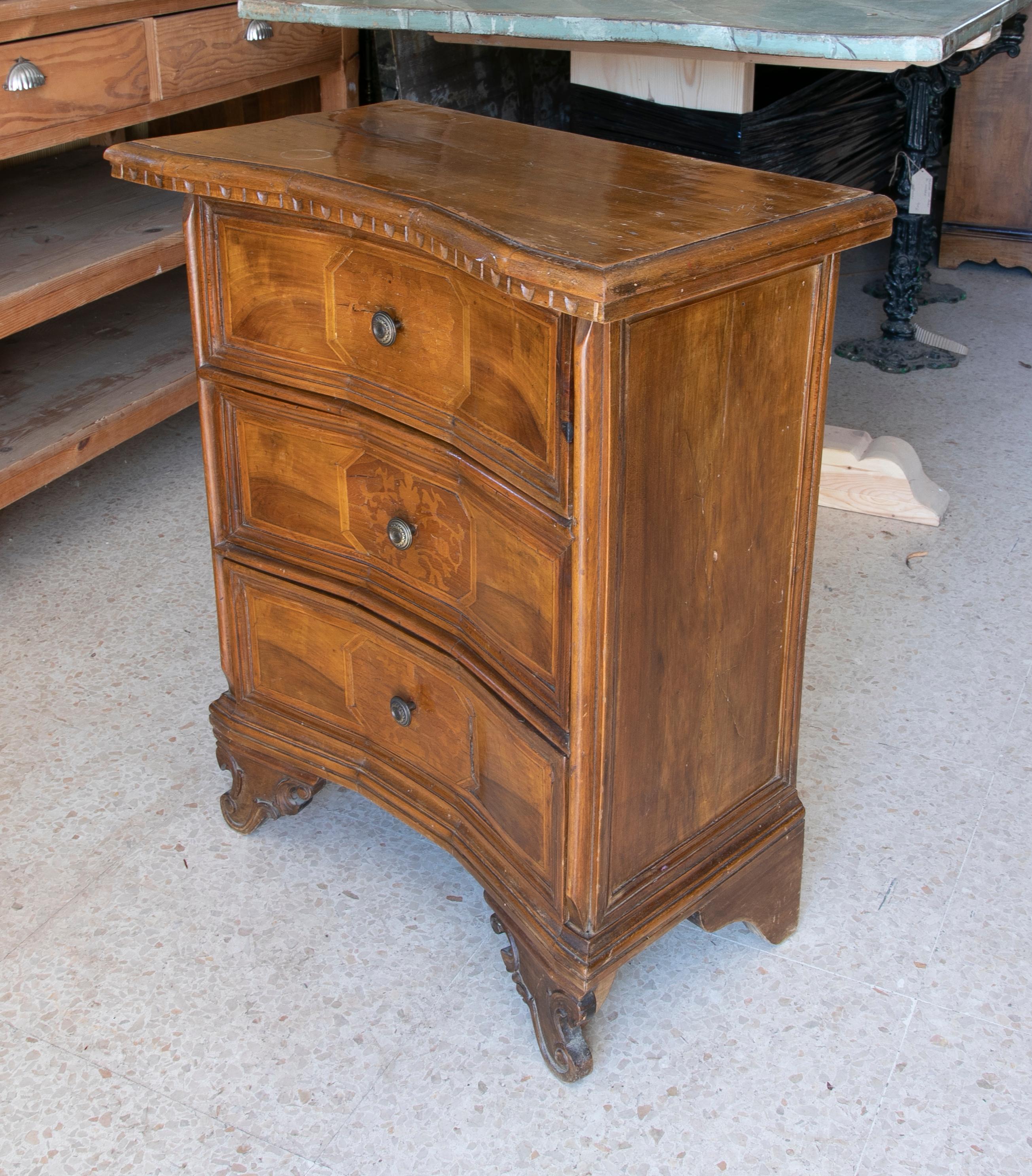 Bronze Walnut Wood Chest with Inlays and Three Drawers For Sale