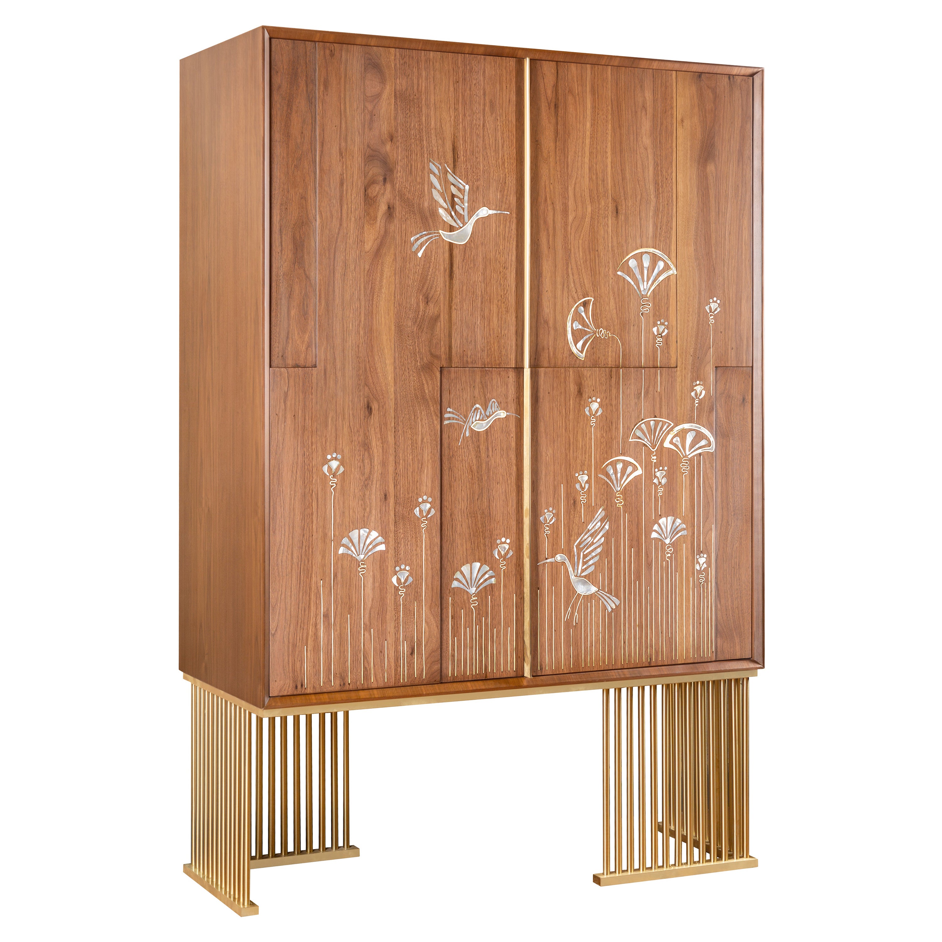 Armadio portavivande in Wood Wood intarsiato a mano con opere d'arte in ottone e madreperla