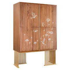 Walnut Wood China Cabinet Hand-Inlayed with Brass and Mother-of-Pearl Artwork